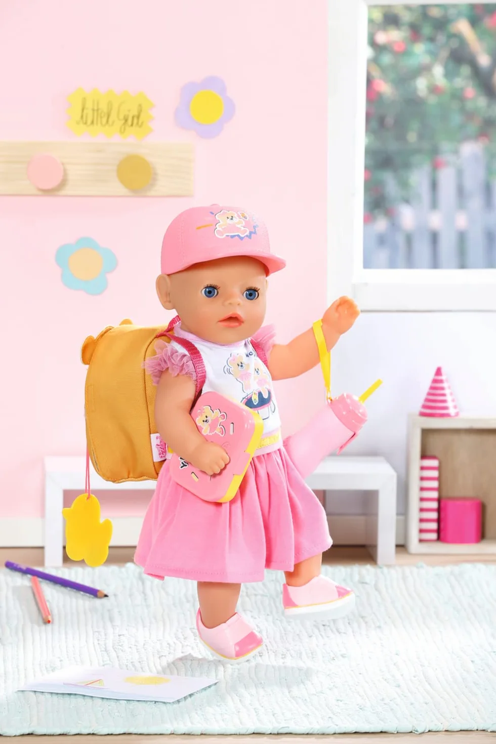 BABY born Zapf Creation 834961 plecak przedszkolny, zestaw 36 cm, żółty plecak dla lalek w kształcie misia, z pudełkiem na lunch i butelką do picia
