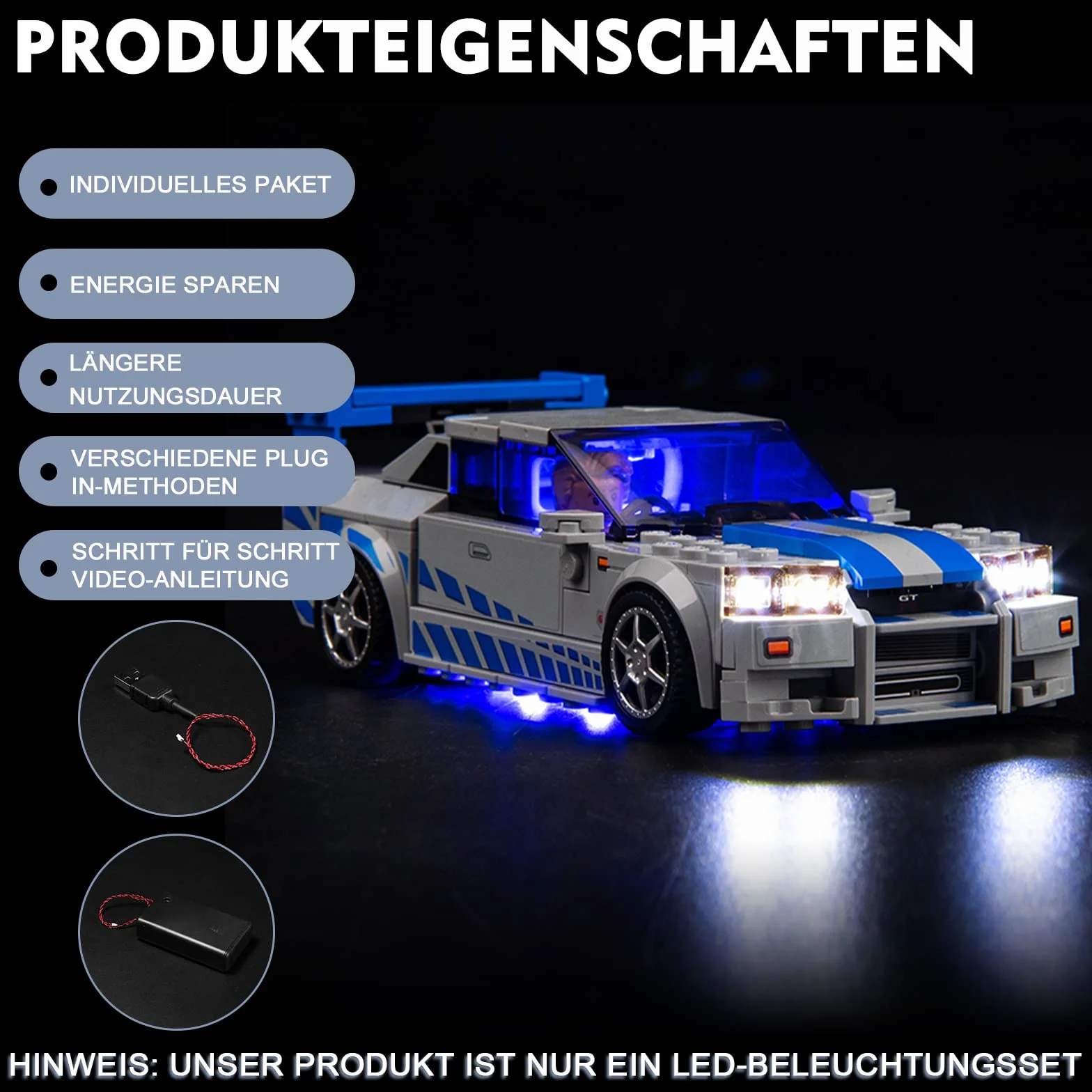 Zestaw oświetlenia do Lego 76917 Speed Champions Nissan Skyline GT-R (brak modelu Lego), zestaw oświetlenia LED kompatybilny z Lego Nissan Skyline GT-R, kreatywne lampki zabawkowe