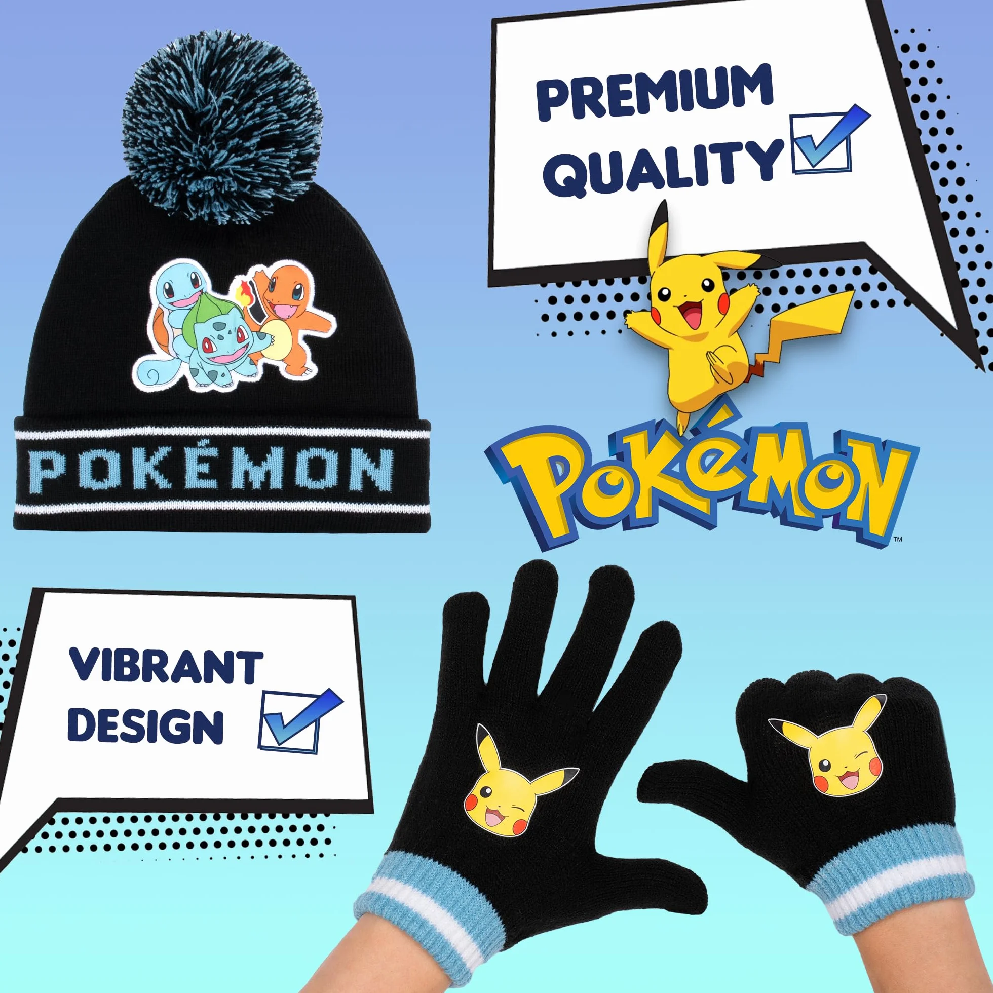 Pokemon Zimowa ciepła i wygodna czapka beanie i rękawiczki zestaw dla chłopców - wzór pikachu - idealny dla chłopców w wieku 6-12 lat - zestaw upominkowy
