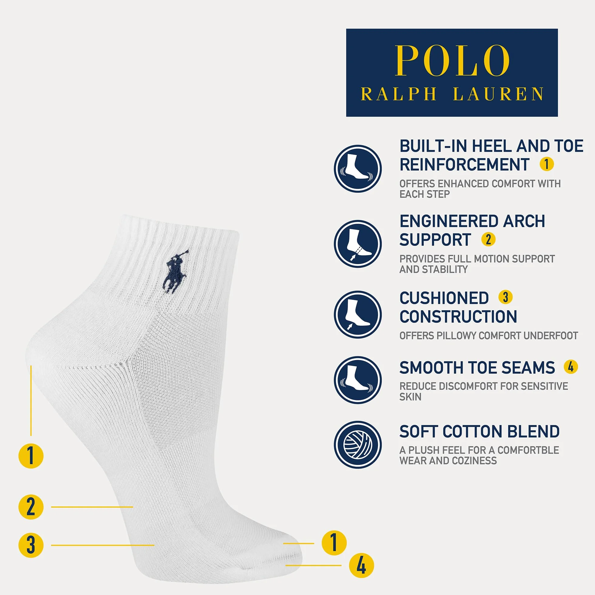 Polo Ralph Lauren damskie skarpetki Cushion Quarter, biały, 36.5-43 EU