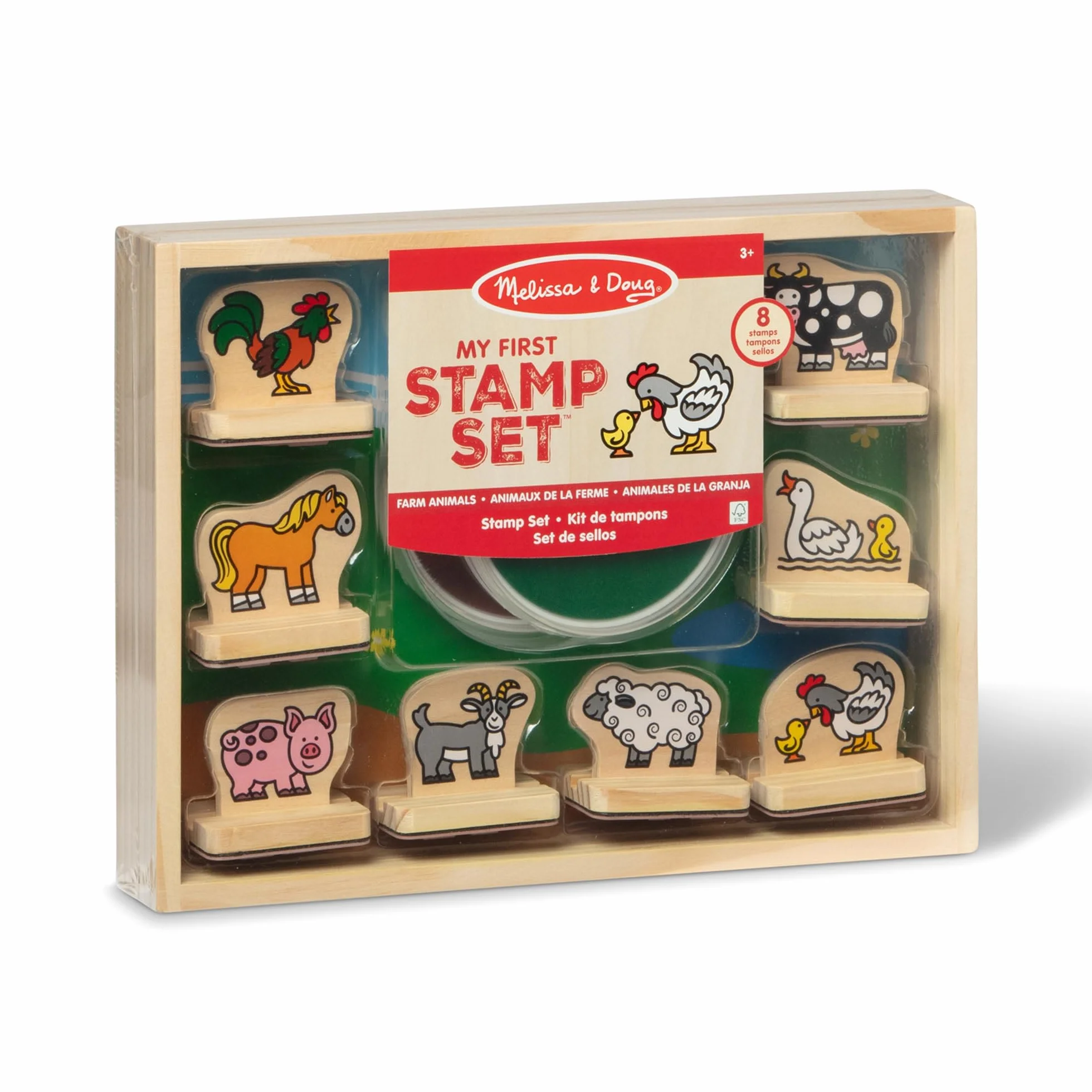 Melissa & Doug My First Wooden Stamp Set - Farm Animals Zestaw Drewnianych Pieczątek, Wielokolorowy, 8 Pieczątek