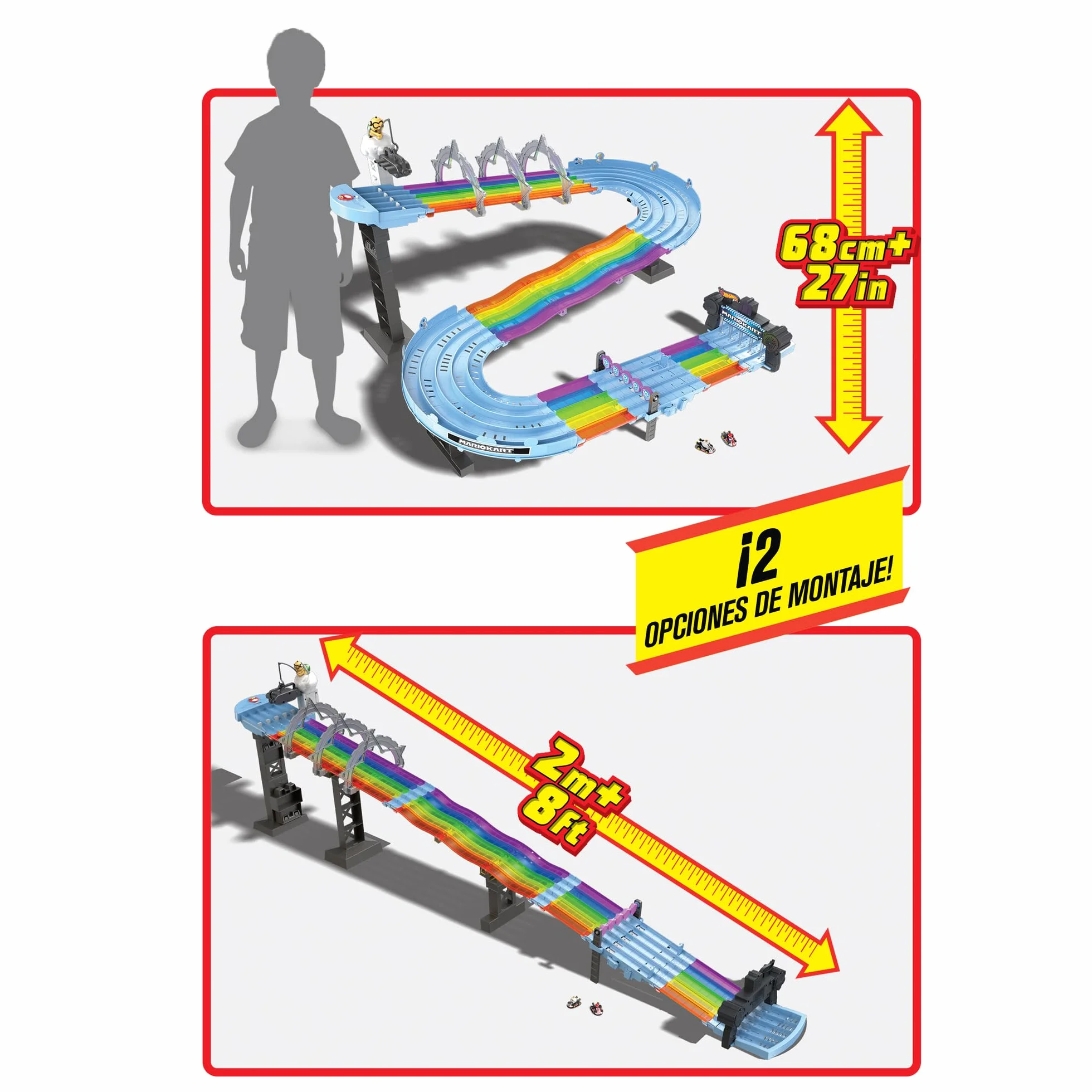 Hot Wheels Gxx41 - Tor Wyścigowy Mario Kart Rainbow Boulevard Z 2 Opcjami Montażu, Zestaw Torów O Długości 2,5 Metra, 2 pojazdy W Skali 1:64, Tor Wyścigowy Samochodzików od 4 Lat