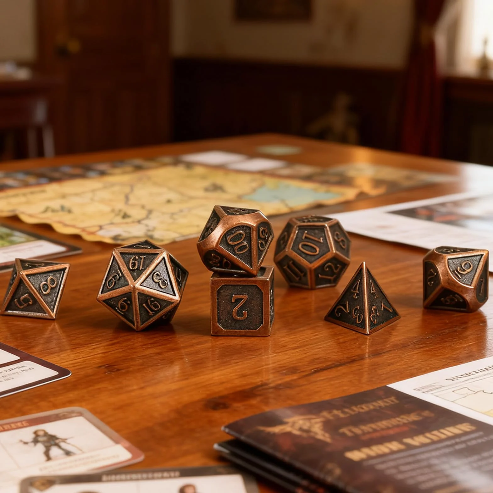 GWHOLE 7 sztuk wielościennych kostek metalowych, DND, zestaw kostek, kostka do gry, akcesoria do lochów i smoków, do RPG, MTG, odgrywania ról, antyczna miedź