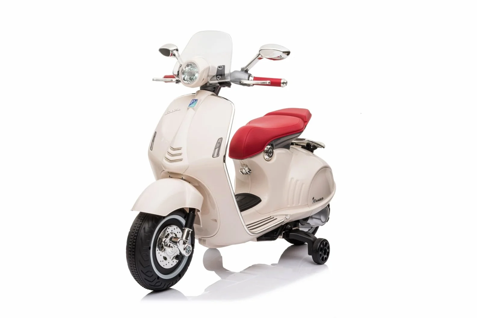 Jeździk skuter dla dzieci Vespa, pojazd od 3 roku, biegi przód/tył, plastikowe koła, silnik 2x30W (Biały)