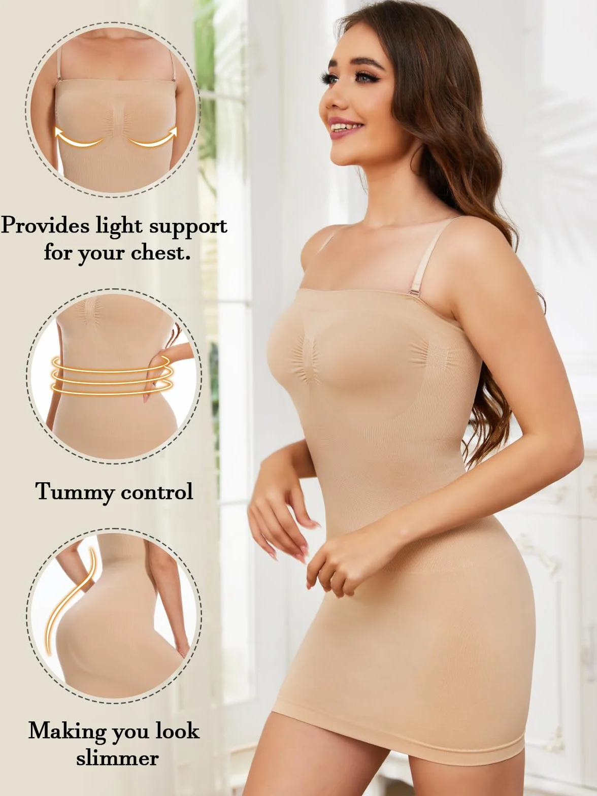SLIMBELLE Sukienka damska z gorsetem, wyszczuplająca brzuch, bielizna modelująca, bielizna modelująca, odpinana, ramiączka, halka, sukienka kształtowa, tubka, bezszwowa sukienka bez ramiączek
