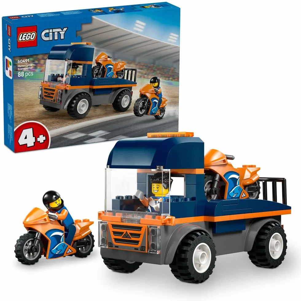 LEGO City Laweta dla motocykli, zabawka dla dzieci z dwiema minifigurkami i ciężarówką, klocki dla 4-latka, pomysł na prezent dla chłopca i dziewczynki na urodziny, łatwe budowanie 60491