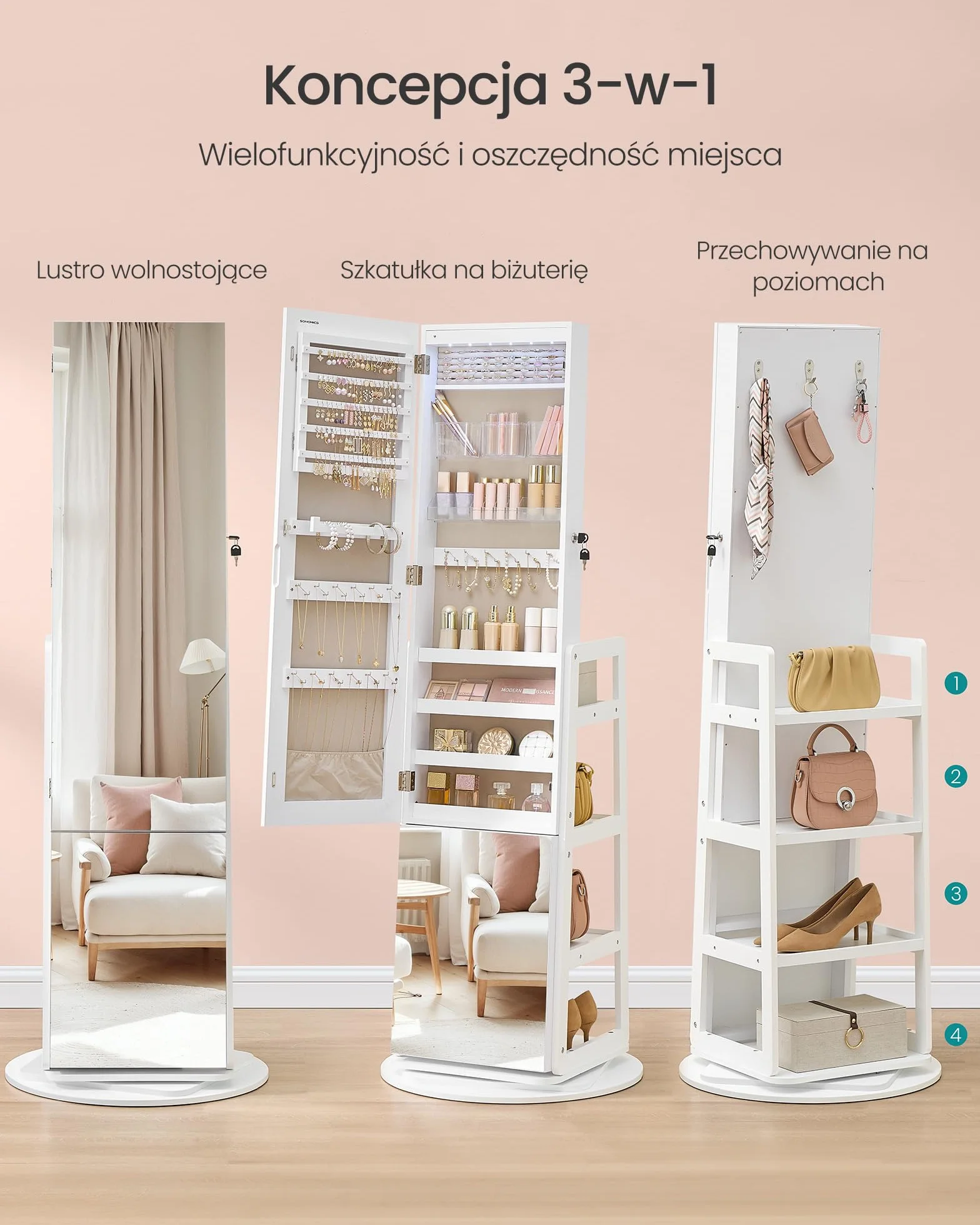 SONGMICS Szafka na biżuterię, przechowywanie biżuterii, pełne lustro, 4 półki do przechowywania, wbudowane oświetlenie, obrót o 360°, do sypialni, garderoby lub przedpokoju, biała chmura JJC027WH01