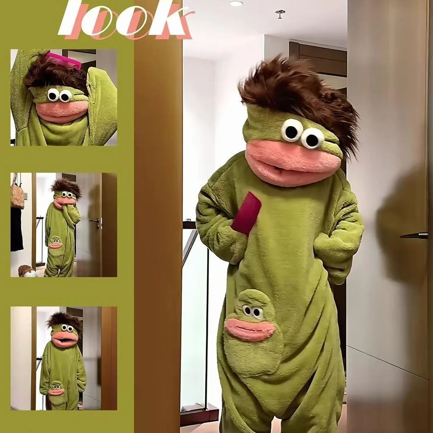 Silly Onesie Green Plush Monster Onesie piżama, przytulne body z miękkiej tkaniny, długie rękawy, uroczy wzór kreskówkowy