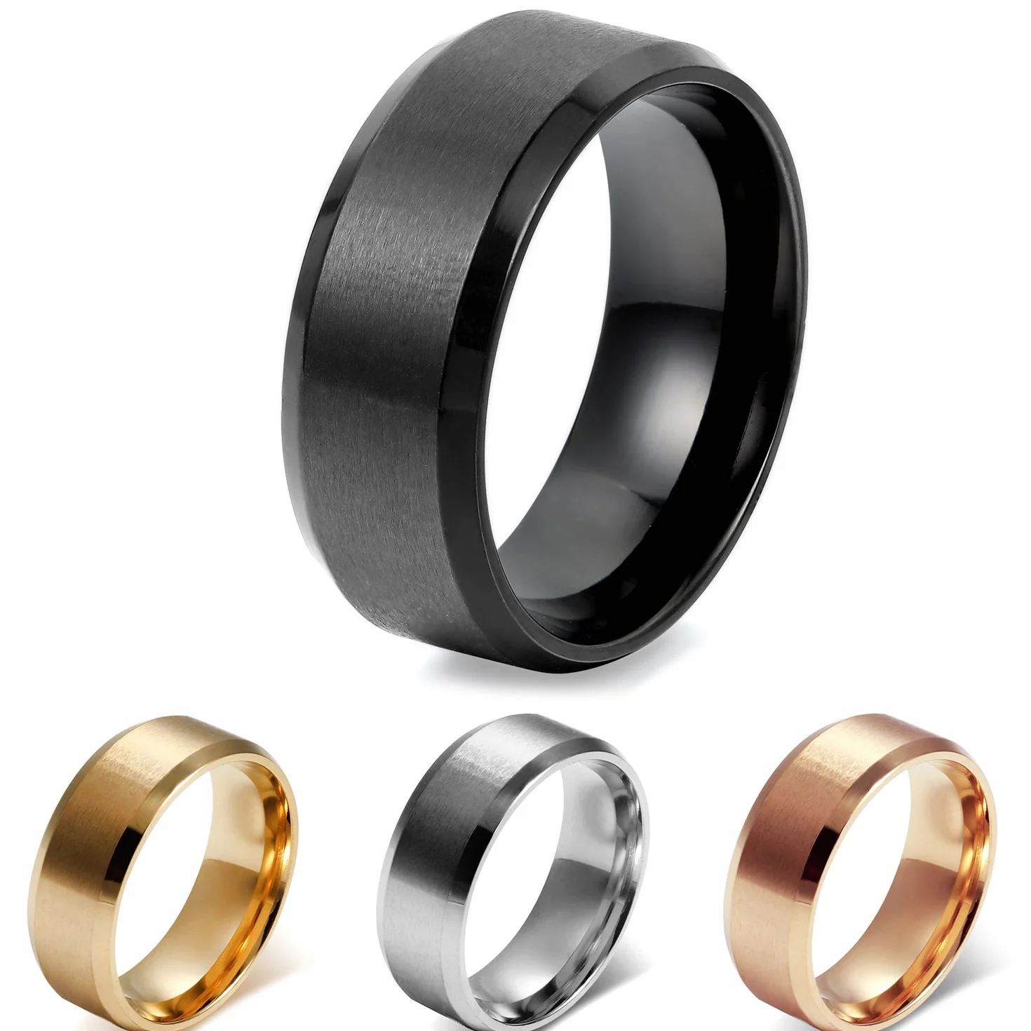 JewelryWe Obrączka ślubna ze stali nierdzewnej: Męskie pierścionki zaręczynowe 8 mm czarny srebrny złoty matowe wykończenie polerowane proste pierścionki
