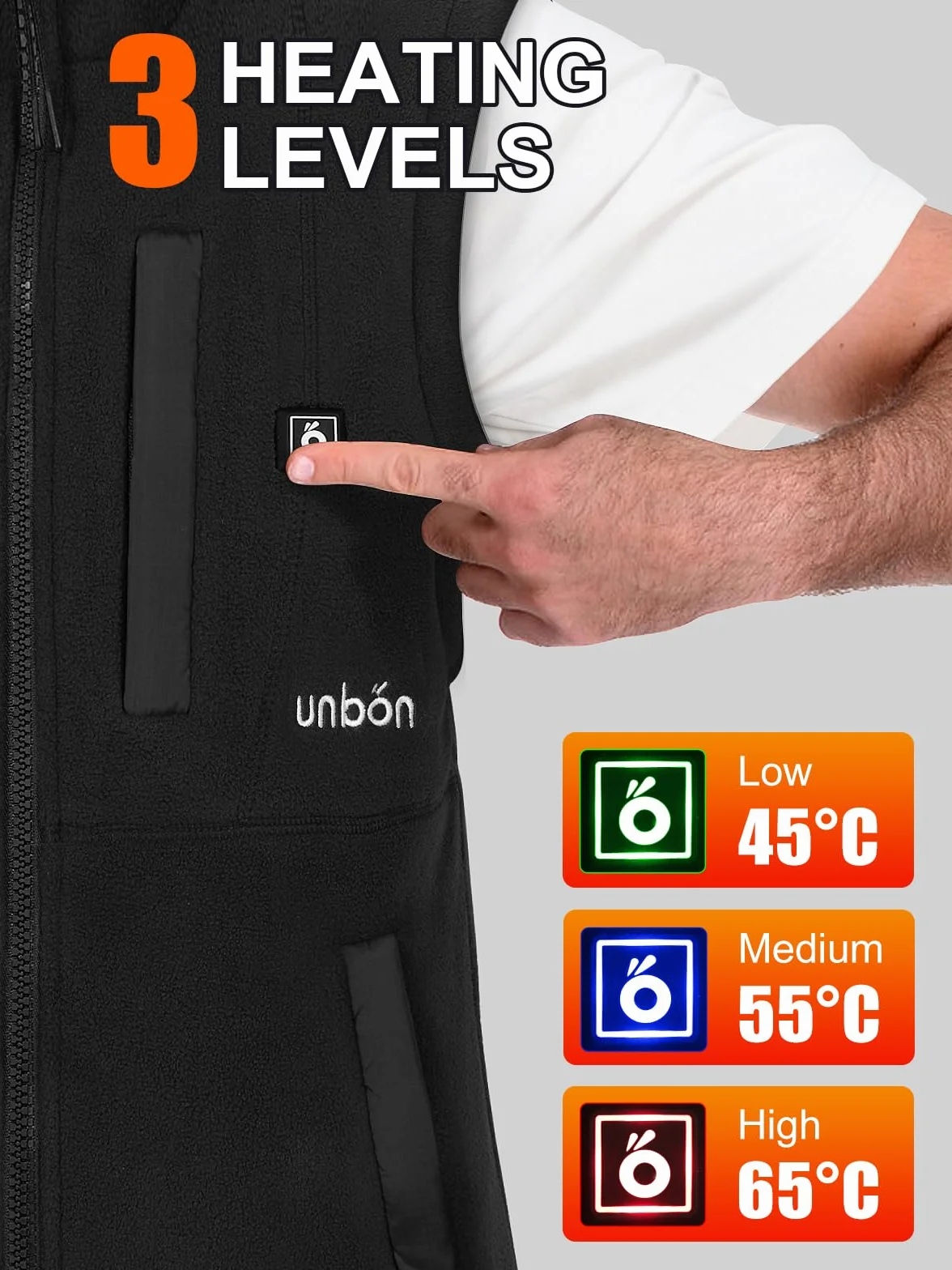 UNBON Ogrzewana kamizelka z polaru, kamizelka grzewcza dla mężczyzn, z powerbankiem 10000 mAh, USB, podgrzewana kamizelka z 3 temperaturami, 6 stref grzewczych