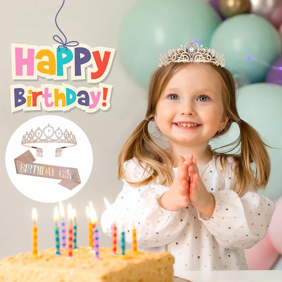 Birthday Girl zestaw szarfy, korona urodzinowa dla dziewczynki, z brokatową szarfą, akcesoria urodzinowe, dekoracja na urodziny, prezent, imprezę, akcesoria i dekoracje (różowe złoto)