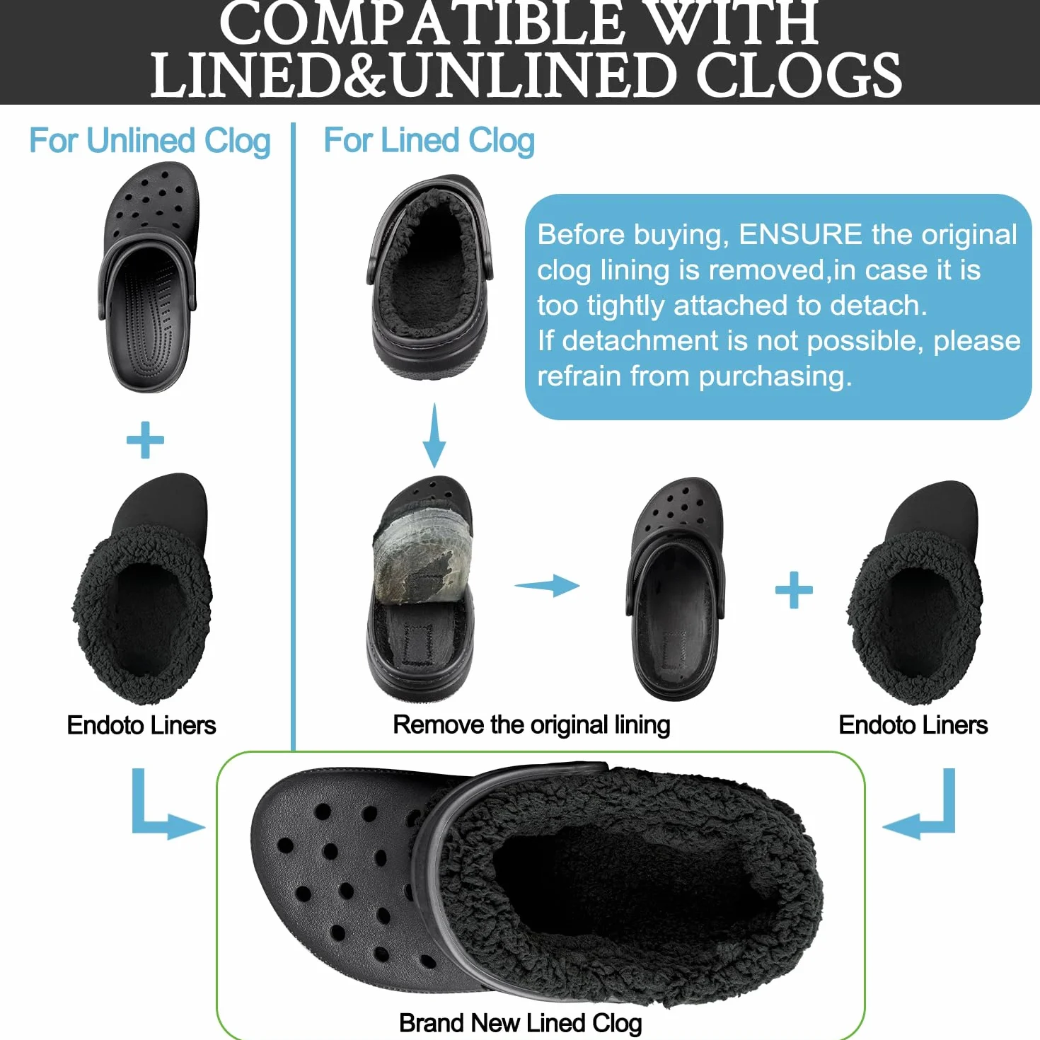 Endoto Wkładki do Crocs(Wersja Zimowa) Clog Butów, Zamiennik Wkladka Zamienne Pluszowa Podszewka Insoles Replacement Insert(Czarny)
