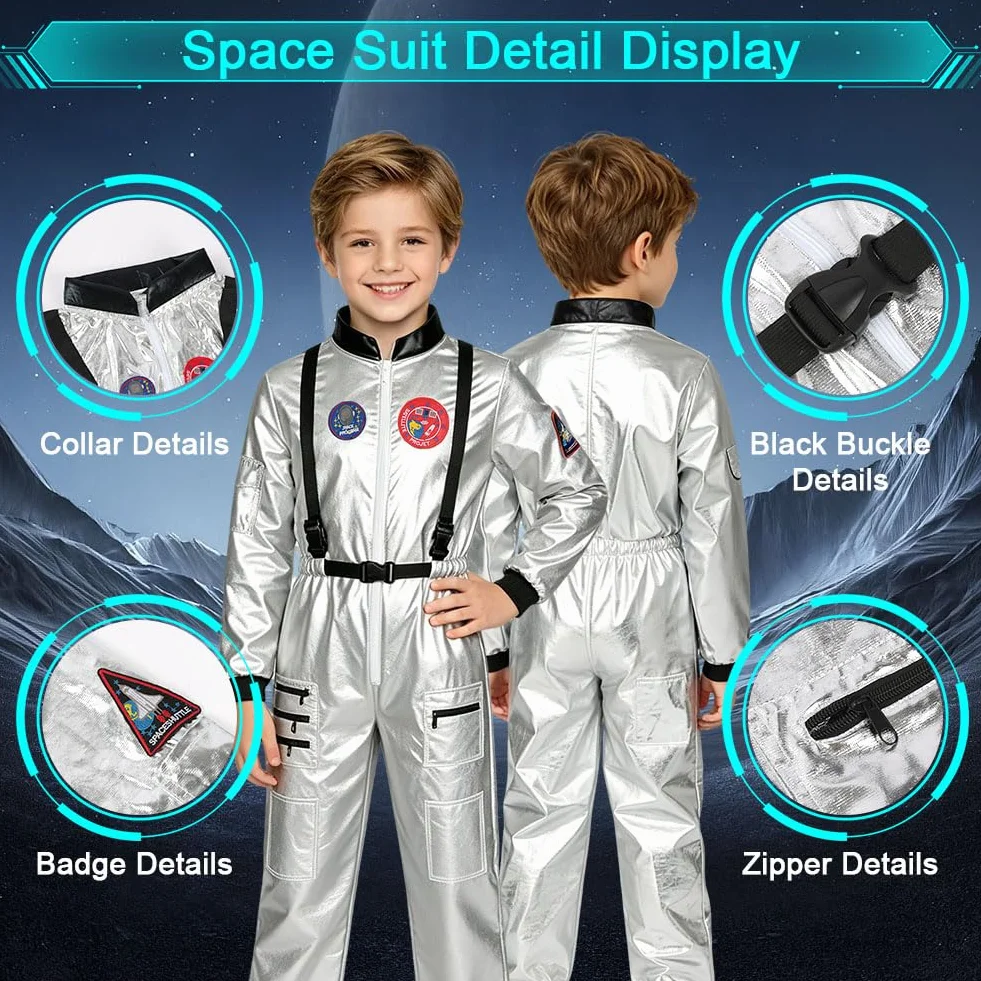 AUYAO Kostium dla dzieci unisex astronauta, dziecięcy srebrny kostium astronauta, kostium kosmiczny dla chłopców i dziewcząt na karnawał Halloween Boże Narodzenie Cosplay (3-12 lat)
