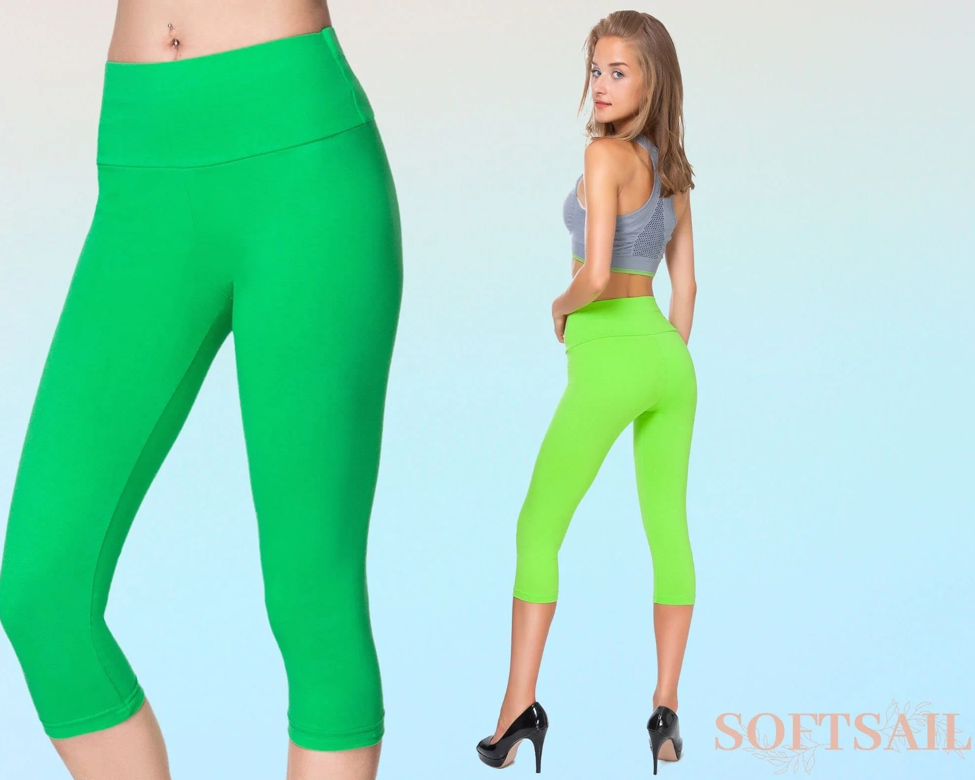 SOFTSAIL Legginsy damskie o długości 3/4 z wysoką talią i regulacją brzucha, oddychające, rozciągliwe, swobodne, klasyczne spodnie bawełniane LWP34 LWP34