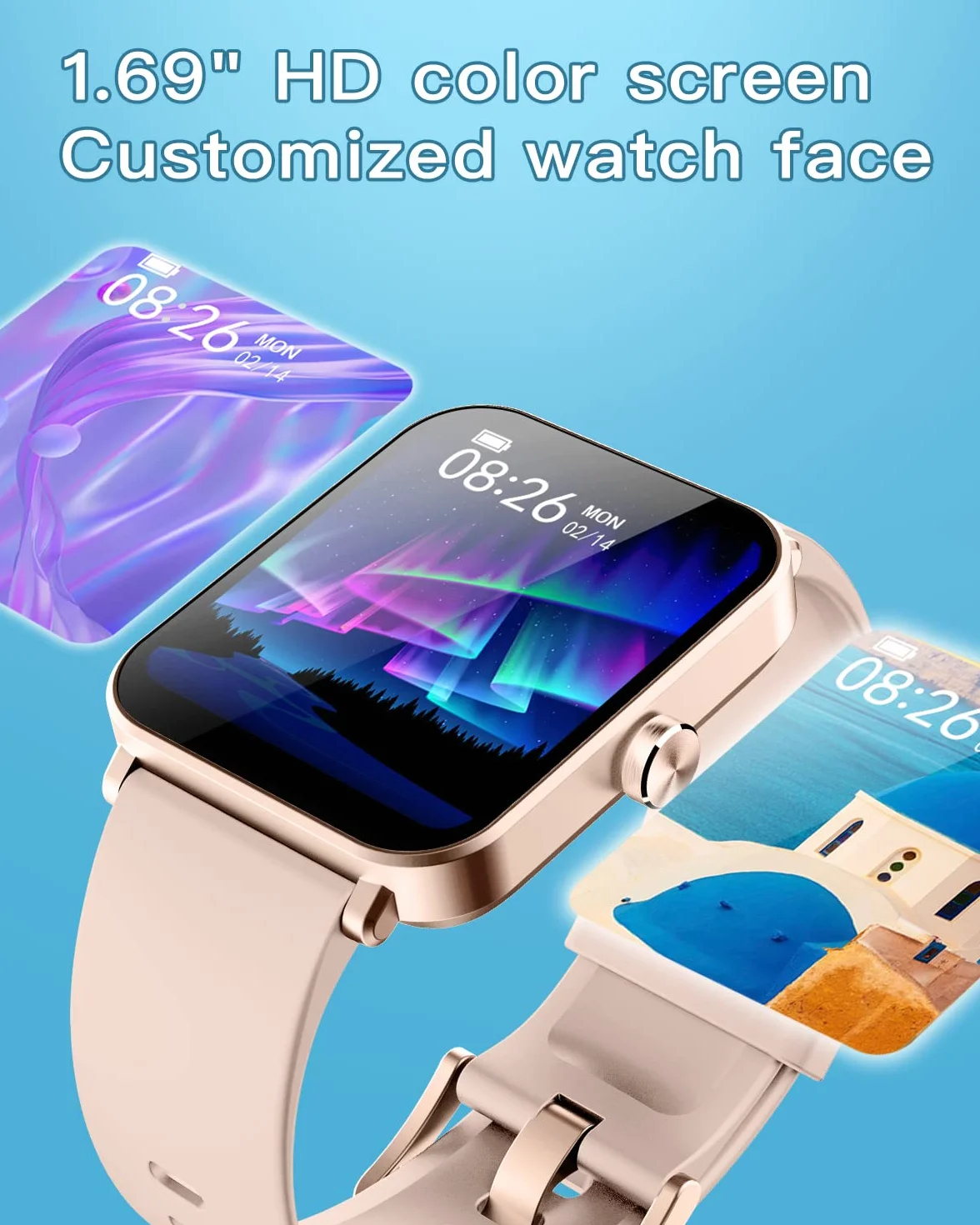 HUAKUA Smartwatch dla kobiet i mężczyzn, 1,69 cala, ekran dotykowy HD, zegarek fitness z monitorowaniem SpO2, pulsometrem, monitorem snu, krokomierzem, zegarkiem, wieloma trybami treningowymi dla
