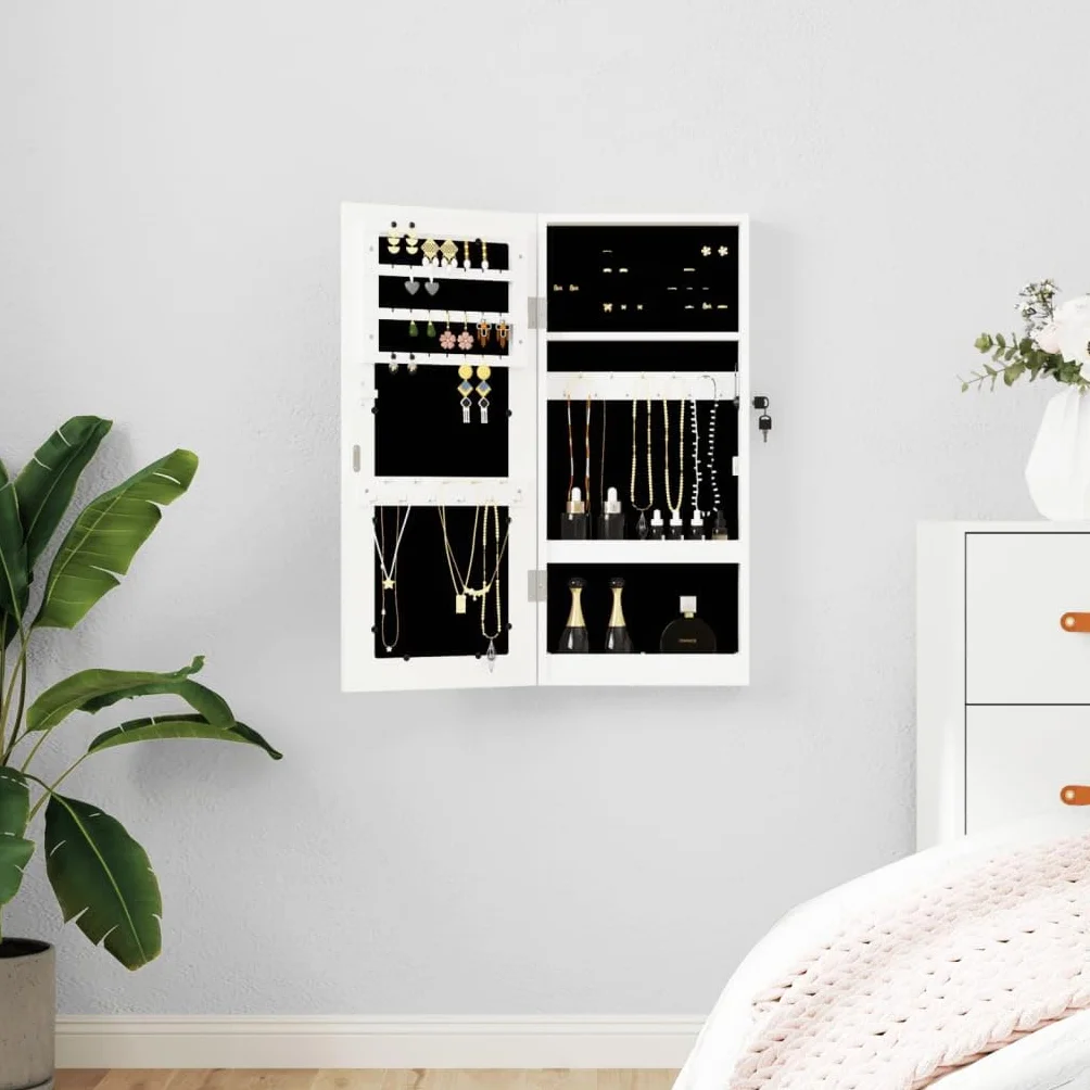 vidaXL Wisząca szafka na biżuterię, z lustrem, biała, 30x8,5x67 cm, lustro podświetlane, szafka łazienkowa z lustrem, szafka łazienkowa z lustrem i oświetleniem