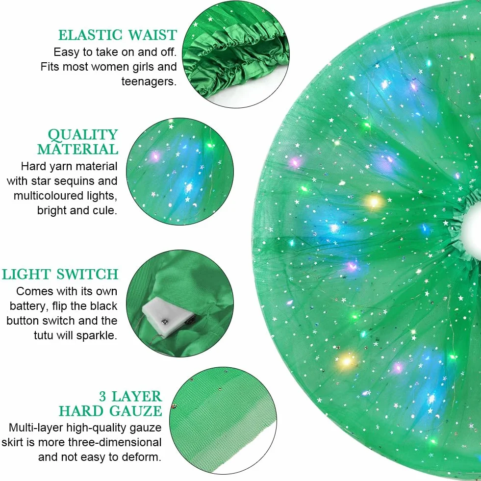 Spódnica tutu, LED, dla dorosłych, nastolatek, na bal przebierańców, karnawał, imprezę tematyczną, balet, kostium na Halloween, 40 cm, zielona, 40