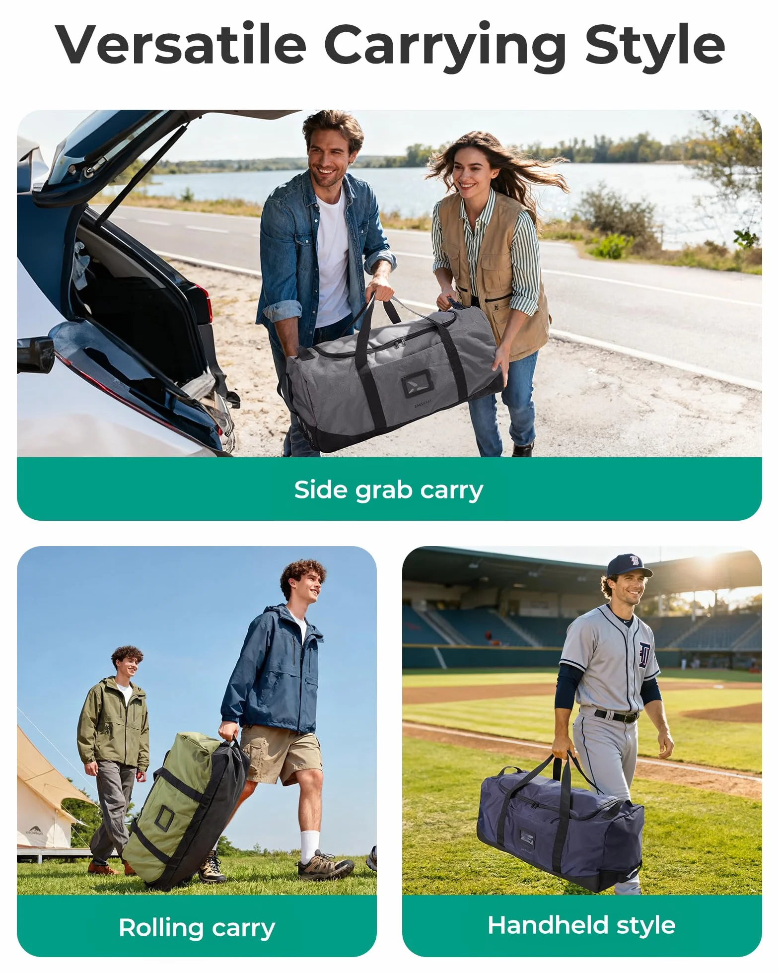 BAGSMART Składana torba podróżna na kółkach, 80 l, lekka torba sportowa, 3 rolki, duża torba podróżna dla mężczyzn i kobiet, może być zwinięta i przechowywana, zieleń wodorostów
