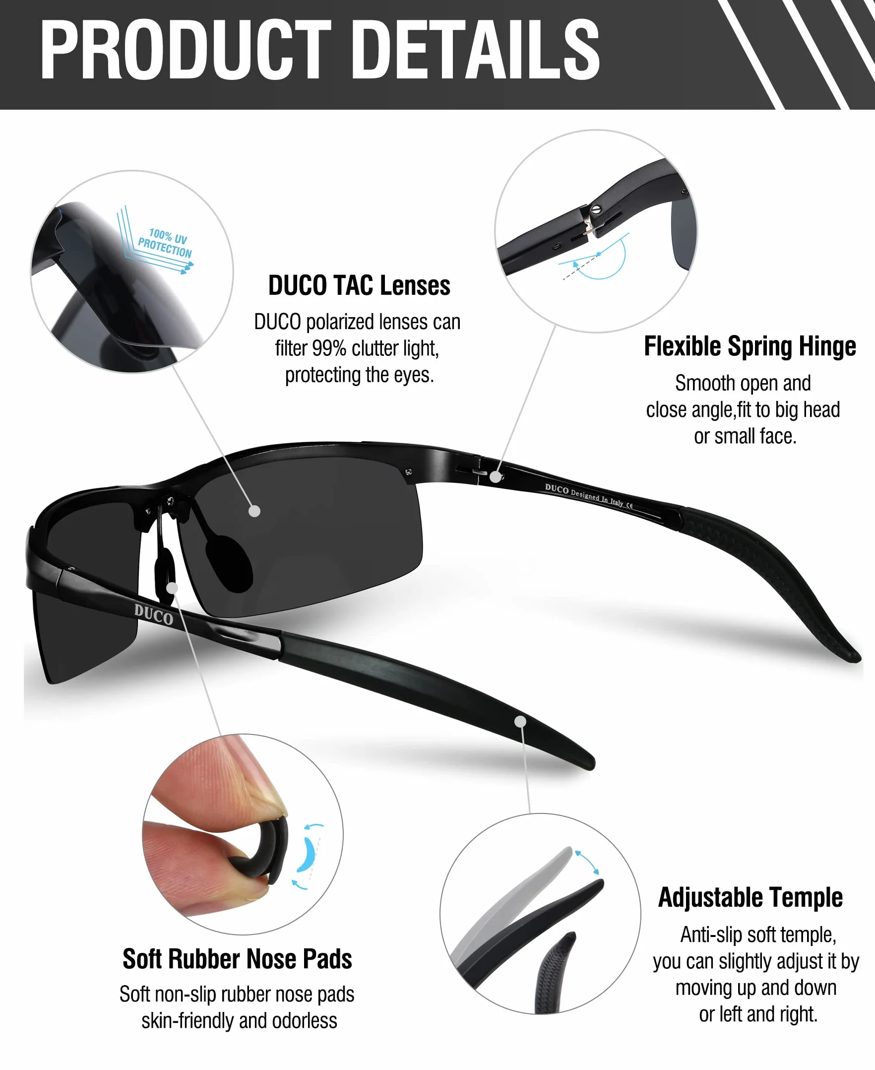 DUCO Męskie okulary sportowe, polaryzacyjne, okulary przeciwsłoneczne, ultralekkie, metalowe oprawki ze stopu aluminium i magnezu, ochrona UV400, męskie okulary przeciwsłoneczne 8177S