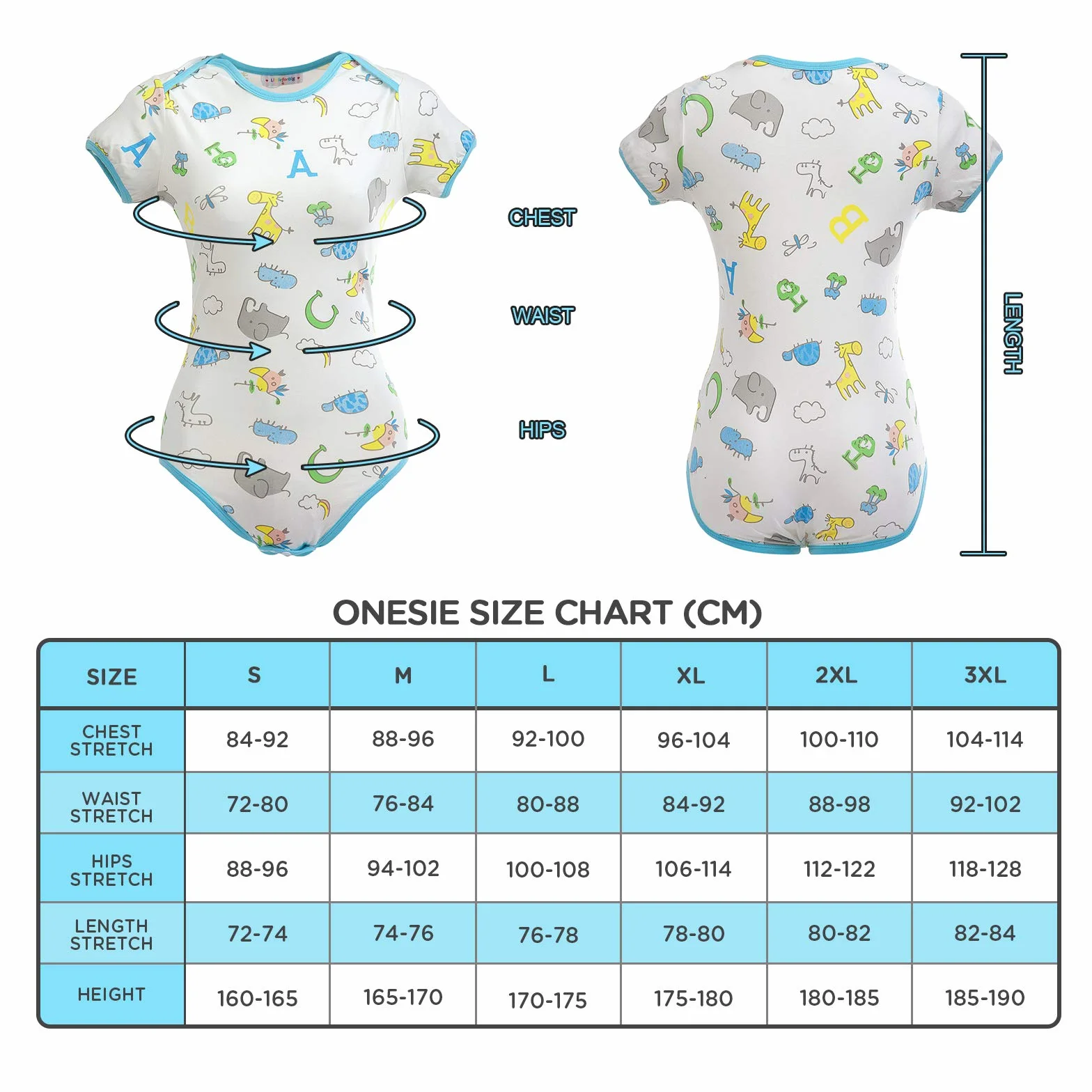 LittleForBig Dorośli Baby miłośnik pieluszek(ABDL) zatrzas w komkroku jednoczęściowy śpioszki-Wzór Żyrafa i Zwierzęta Zoo