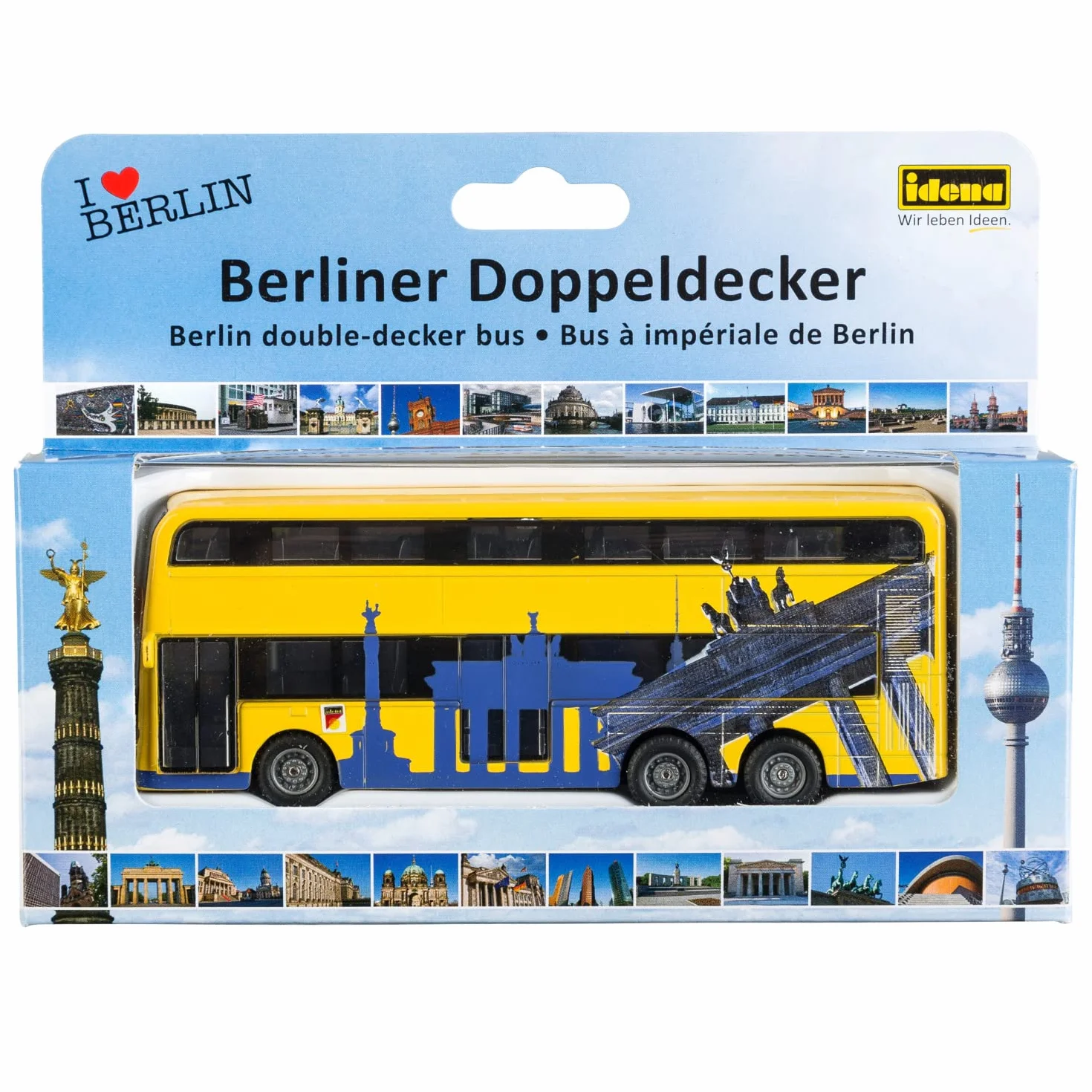 Idena 40107 - model autobusu berlińskiego dwupokładowego, z silnikiem cofania, ok. 18,5 x 13,5 x 4,5 cm, żółty, jako zabawka, typowy pamiątka lub popularny przedmiot kolekcjonerski
