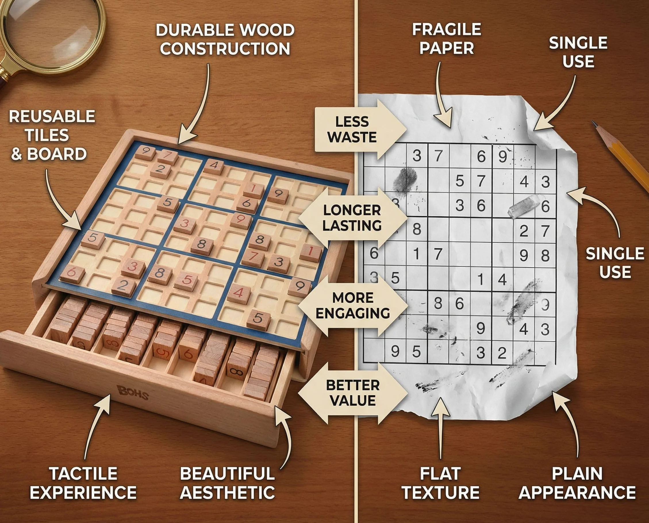 BOHS Gioco da Tavolo in Legno Sudoku con cassetto - con Il Libro di 100 Puzzle di Sudoku - Math Desktop Rompicapo Giocattoli da Tavolo