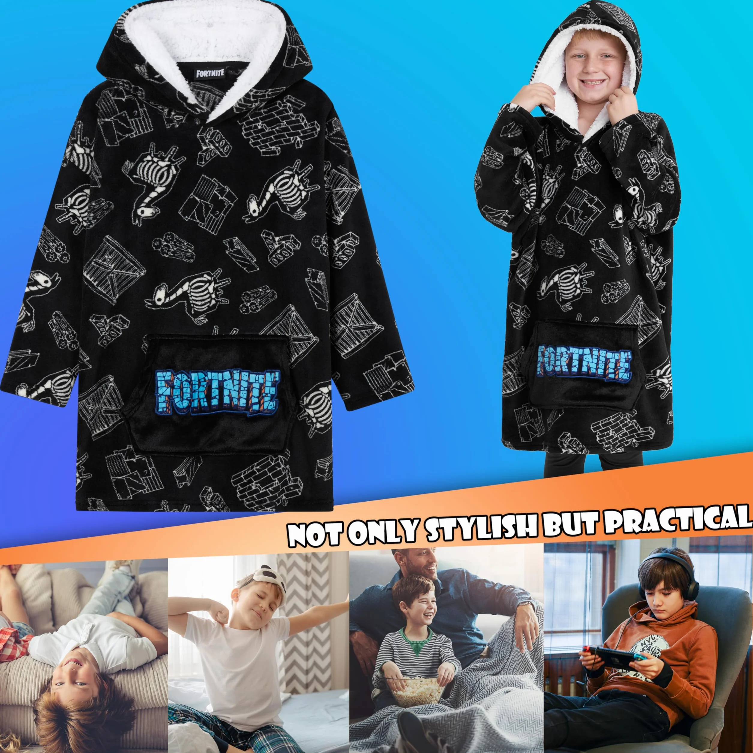 FORTNITE Koc z kapturem dla chłopców nastolatków 14+ koc do noszenia polar bardzo długi