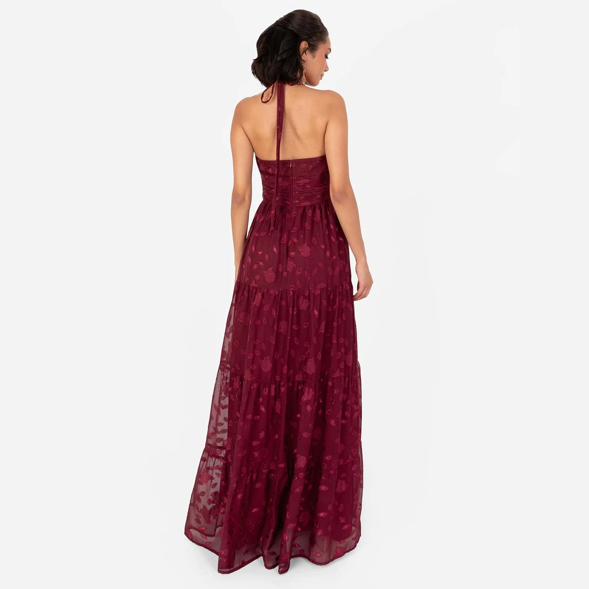 Maya Deluxe Damska sukienka damska Maxi Ladies bez rękawów, kwiatowy gorset, szyfon, żakard, linia A-line Tiered Evening Occasion Prom Dress, granatowy (Berry), 40