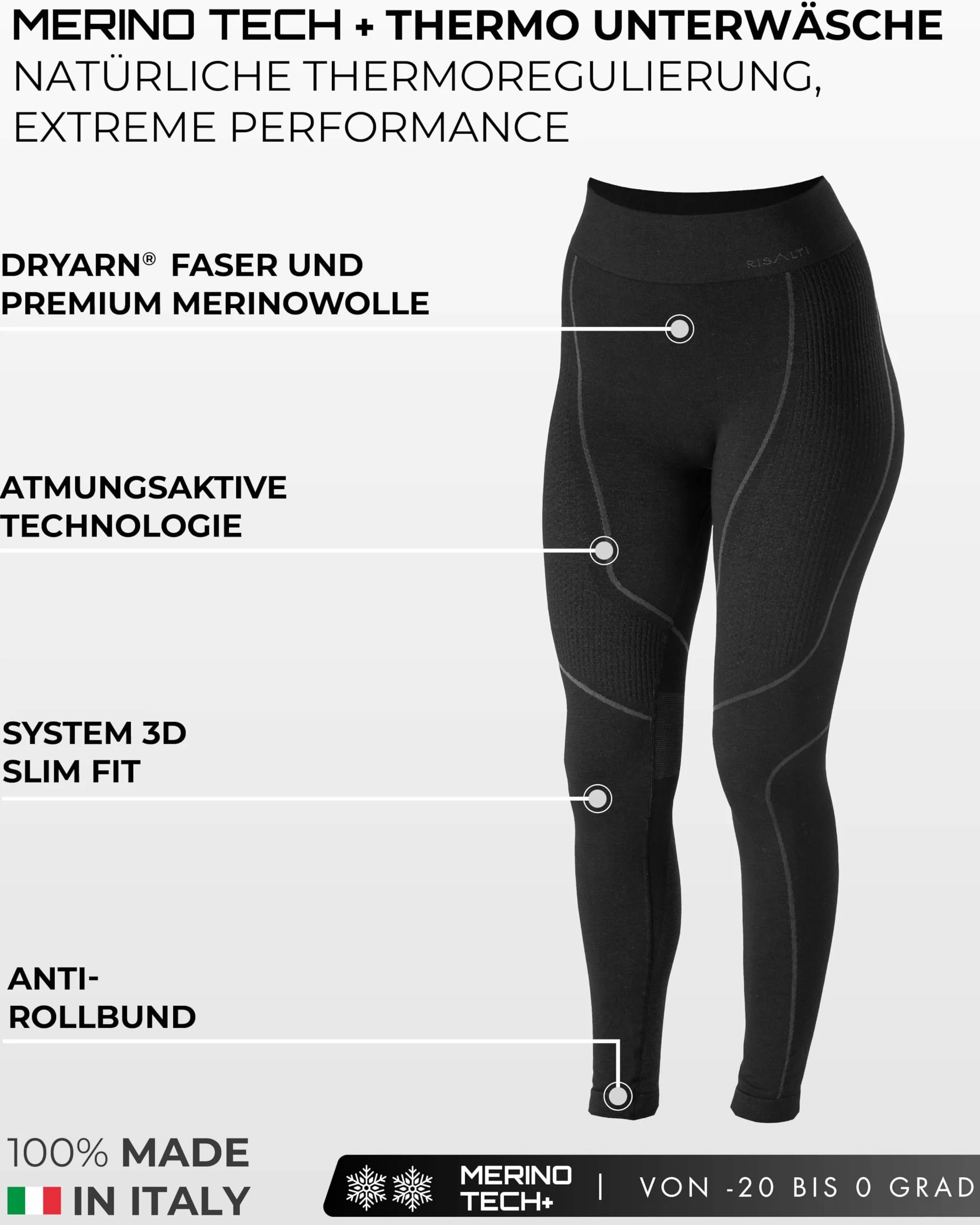 Risalti Damskie Rajstopy Termiczne Merino Tech - Damskie Spodnie Termiczne Kompresyjne Z WełNy MerynosóW, Damska Odzież Termiczna, Damska Zimowa Bielizna Termiczna, Bezszwowe - Made In Italy