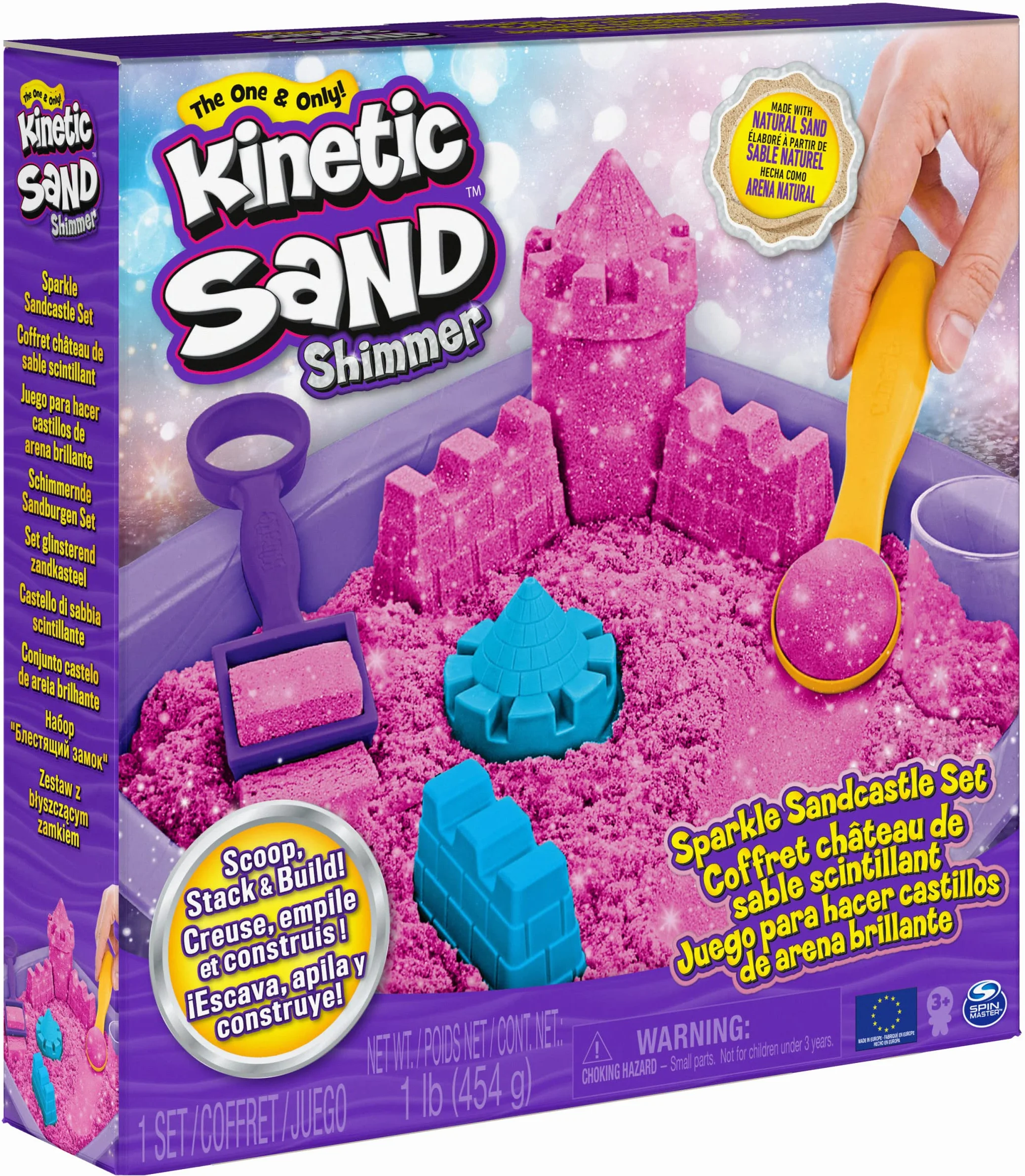 Kinetic Sand Kinetic Shimmer Sand Castle 454 g kolorowy błyszczący różowy z 3 akcesoriami i tacą w zestawie zabawki dla dzieci i dziewcząt w wieku 3 lat