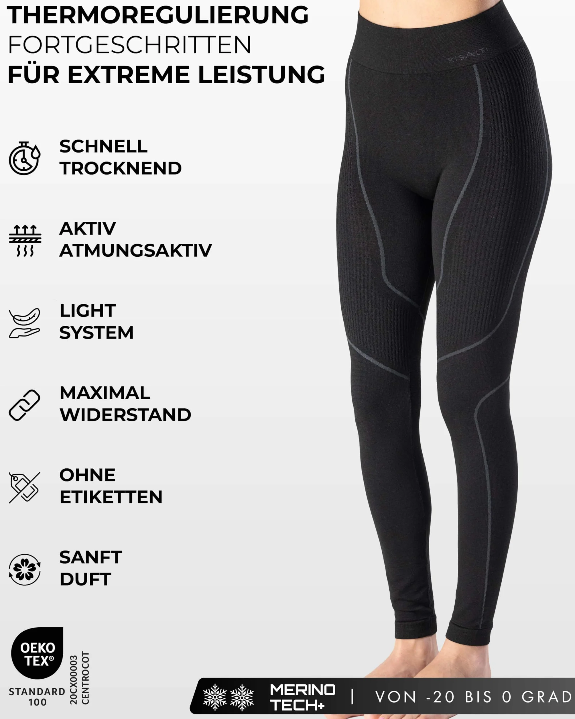 Risalti Damskie Rajstopy Termiczne Merino Tech - Damskie Spodnie Termiczne Kompresyjne Z WełNy MerynosóW, Damska Odzież Termiczna, Damska Zimowa Bielizna Termiczna, Bezszwowe - Made In Italy