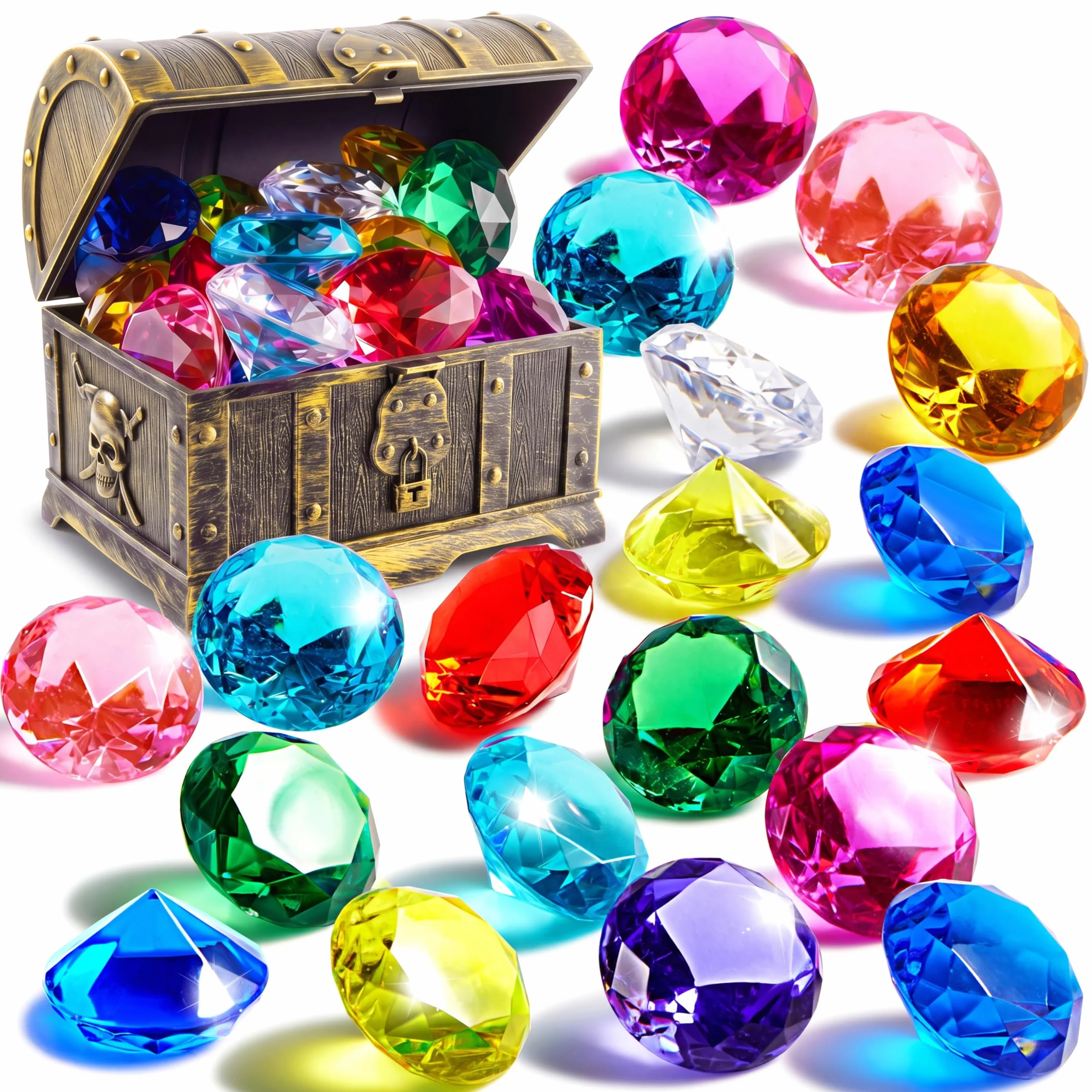 Sloosh Juguetes de piscina Diving Gems, 16 dużych kolorów diamentów Con cofre Del tesoro Pirata, juguete de buceo Para niños Con gemas submarinas, Regalo de entrenamiento de natación.