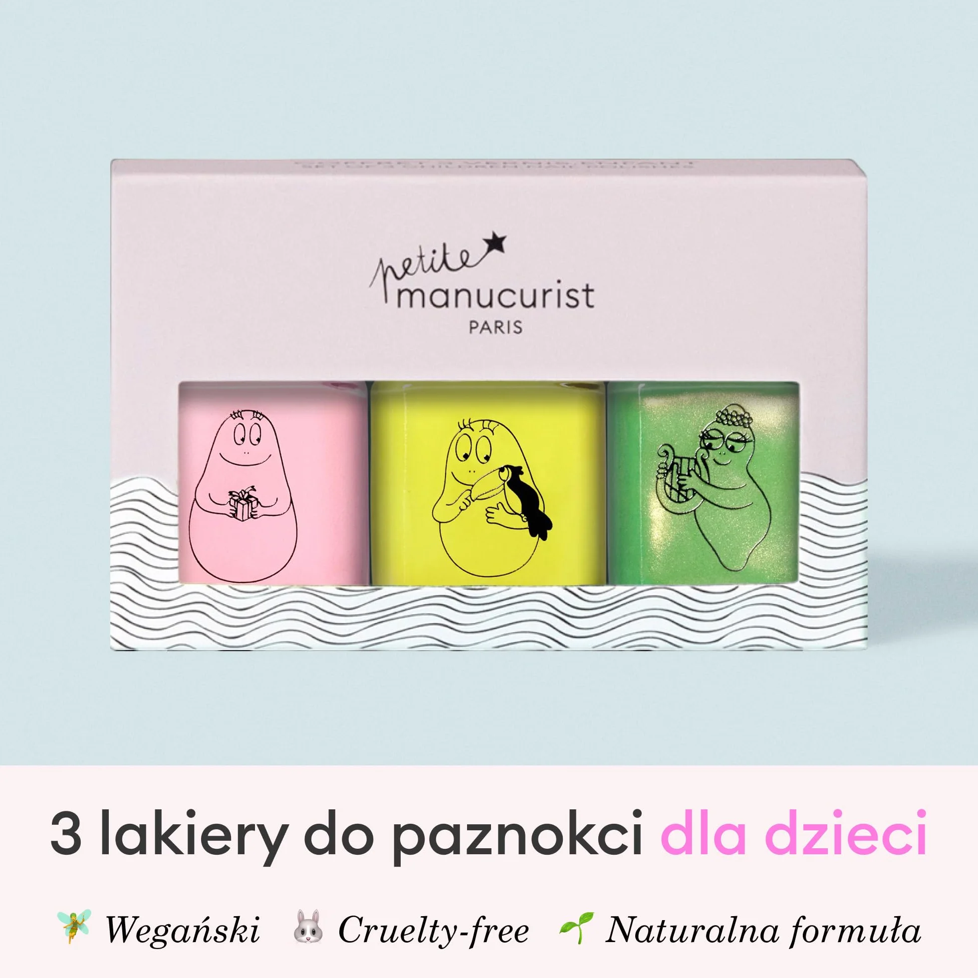 Manucurist Barbapapa Zestaw lakierów do paznokci dla dzieci na bazie wody – 3 nietoksyczne lakiery do paznokci w kolorze różowym, żółtym, zielonym – makijaż dla dzieci – wyprodukowano we Francji