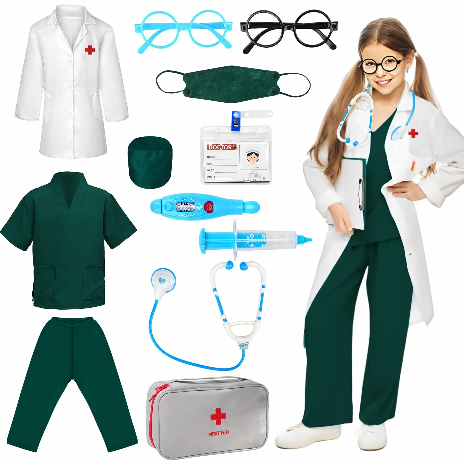 Kostium lekarza dla dzieci, biały, fartuch lekarski dla dzieci, uniseks, długi rękaw, fartuch laboratoryjny, górna część i spodnie ze stetoskopem, zestaw zabawek dla chłopców i dziewczynek, zestaw