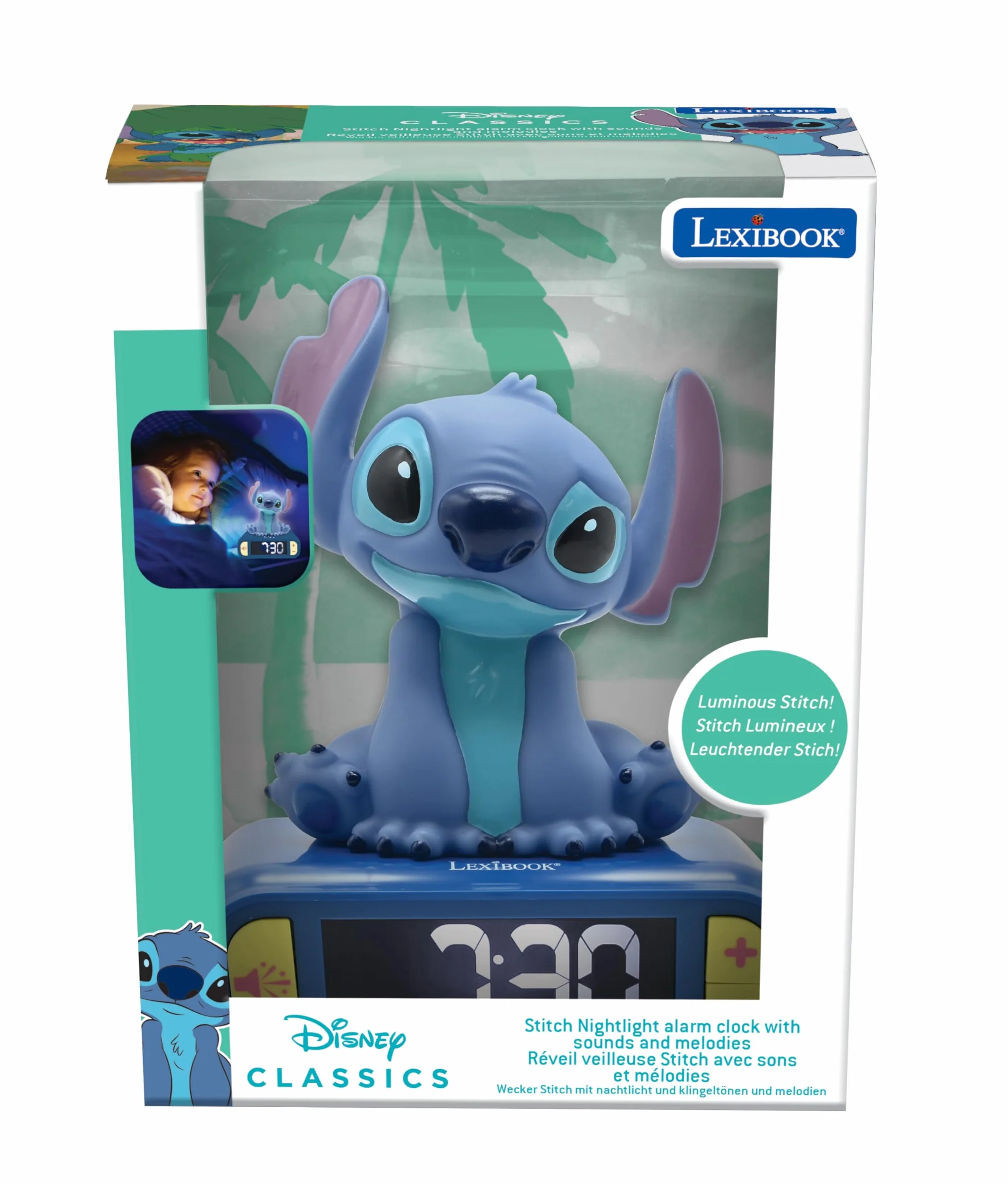 Lexibook, Disney Stitch, Budzik Nocny Stitch, Świecąca Postać, Wybór 6 Alarmów, 6 Efektów Dźwiękowych, Podświetlany Wyświetlacz LCD, Drzemka, Niebieski, RL800D