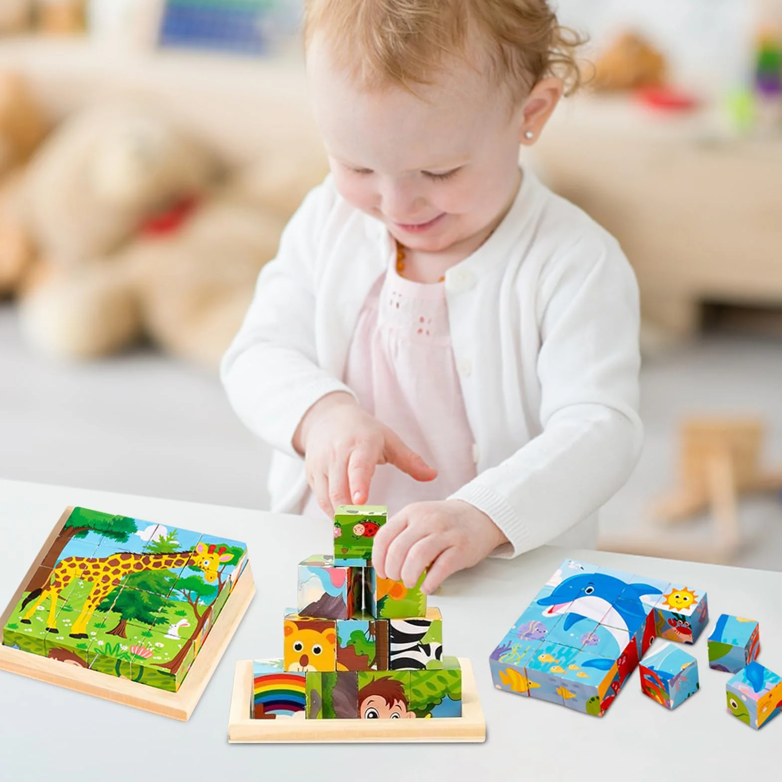 Montessori puzzle drewniane, kostki obrazkowe 3D, puzzle 6 w 1, zabawka edukacyjna, drewniana zabawka dla dzieci od 1, 2, 3, 4 lat, Montessori układanie w stos dla dzieci, chłopców i dziewczynek