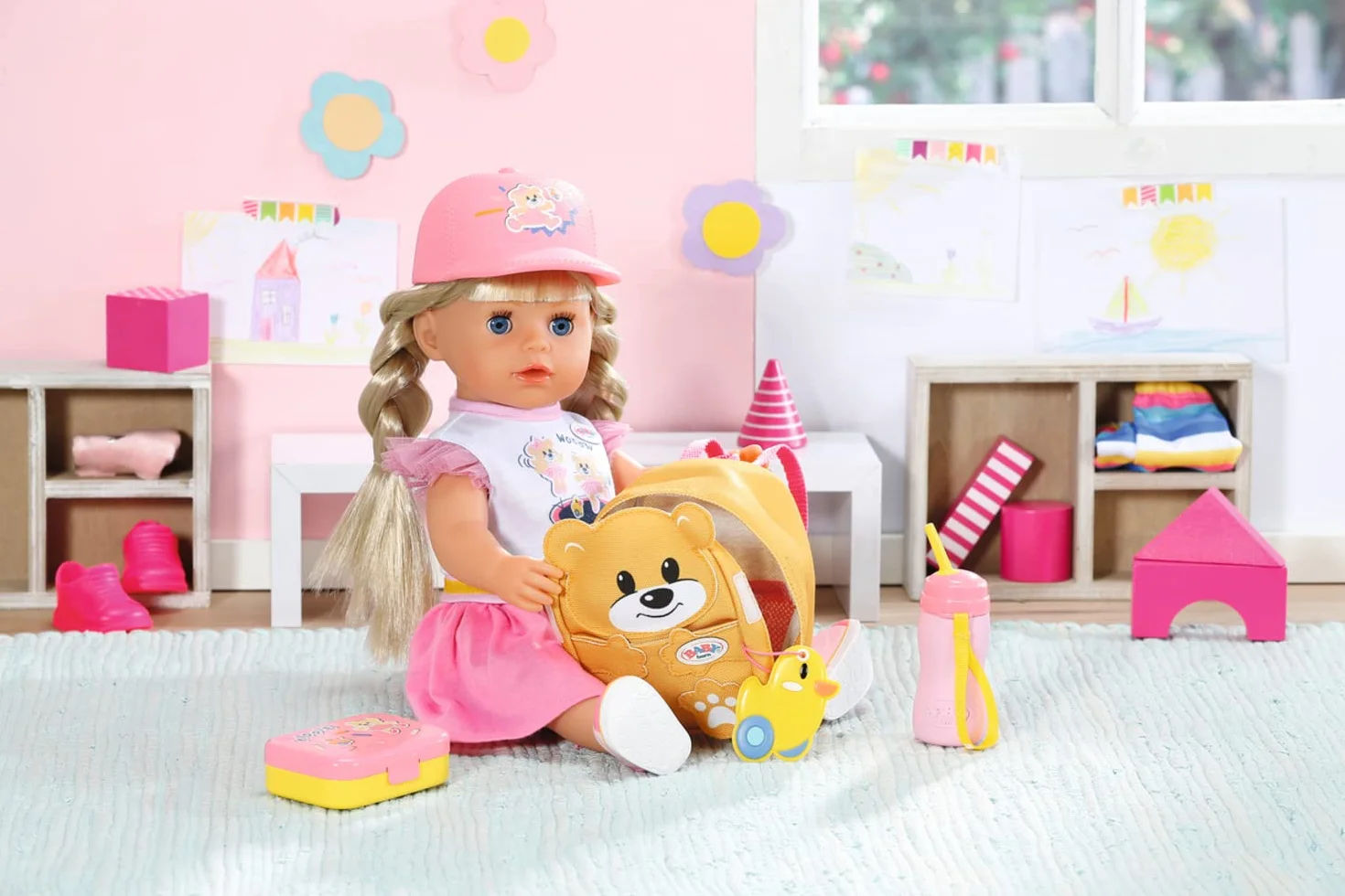 BABY born Zapf Creation 834961 plecak przedszkolny, zestaw 36 cm, żółty plecak dla lalek w kształcie misia, z pudełkiem na lunch i butelką do picia