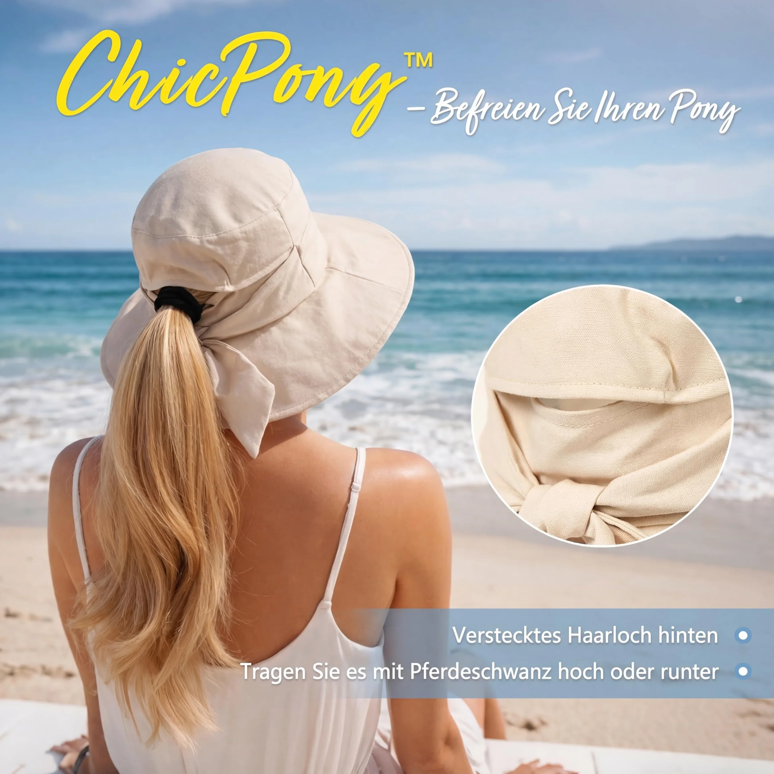 Comhats ChicPony™ damski kapelusz przeciwsłoneczny z szerokim rondem, ochrona przed promieniowaniem UV, kapelusz damski, na lato, składany, bawełna, len, kapelusz plażowy