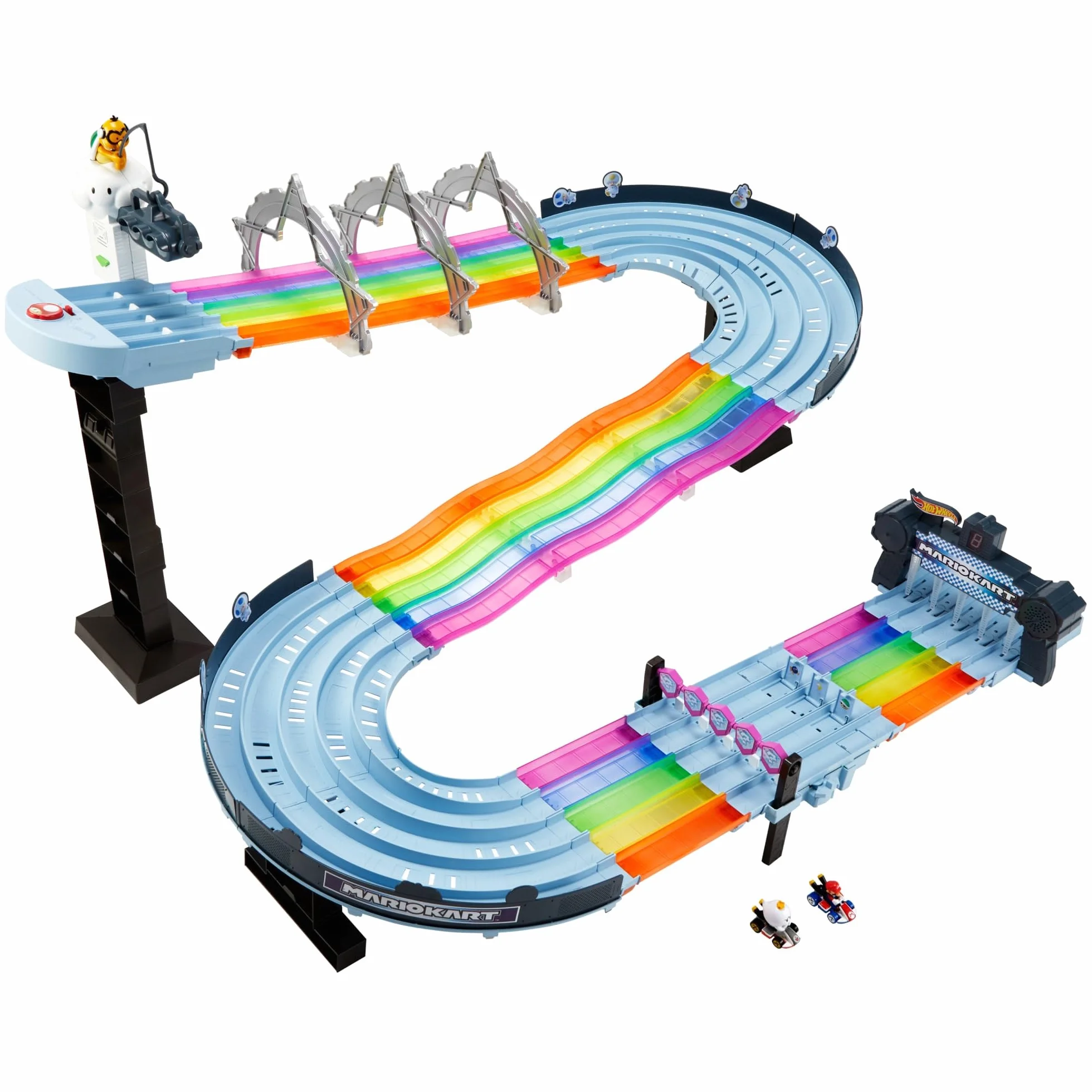 Hot Wheels Gxx41 - Tor Wyścigowy Mario Kart Rainbow Boulevard Z 2 Opcjami Montażu, Zestaw Torów O Długości 2,5 Metra, 2 pojazdy W Skali 1:64, Tor Wyścigowy Samochodzików od 4 Lat