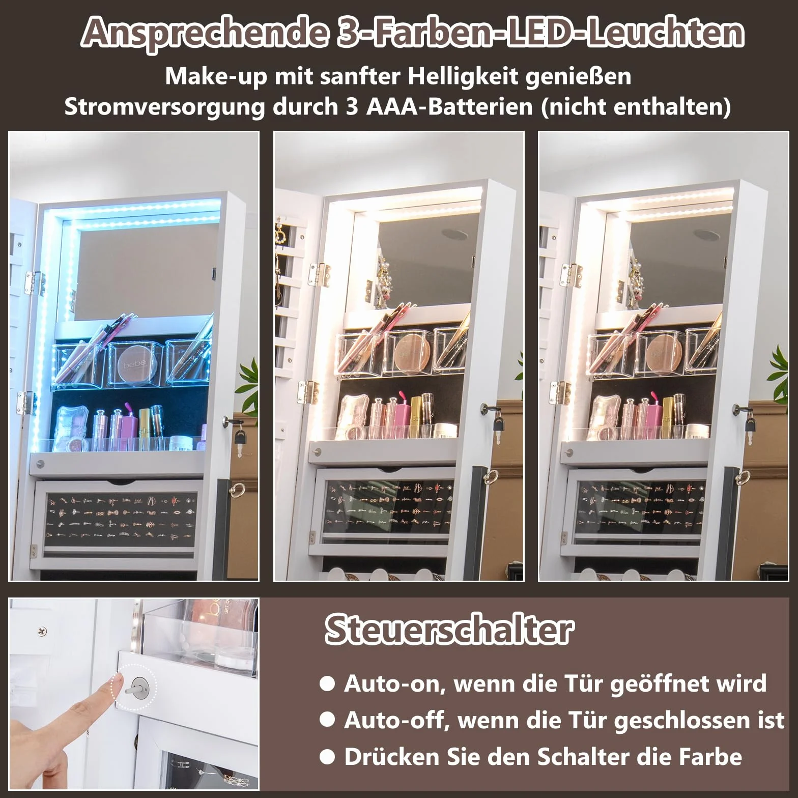 GOPLUS Szafka na biżuterię z lustrem, szafka z lustrem 2 w 1, z regulowanym oświetleniem LED, wolnostojące lusterko na biżuterię z półką, biała