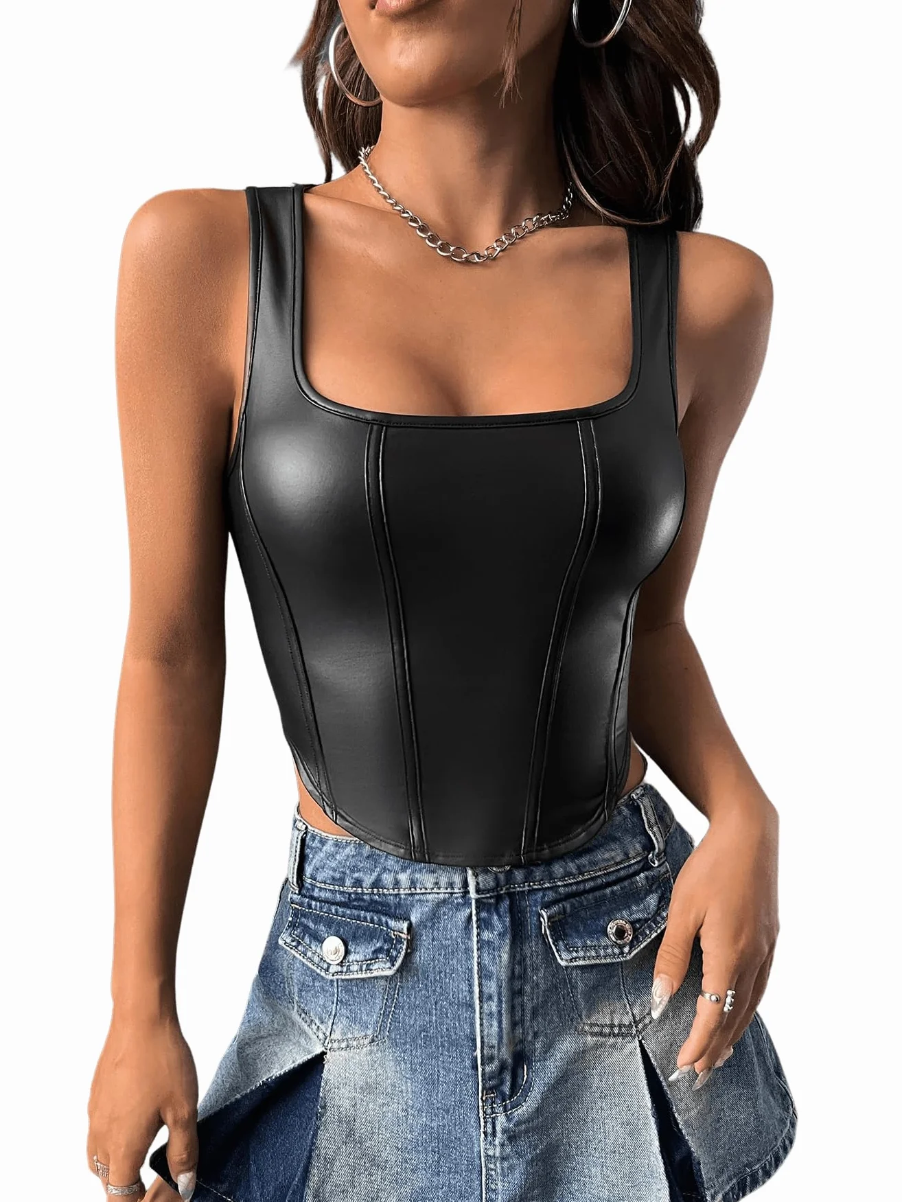 GORGLITTER Skórzany tank top damski Y2k Crop Top z prostokątnym wycięciem skóra PU top z odkrytym brzuchem seksowna skórzana odzież klubowa