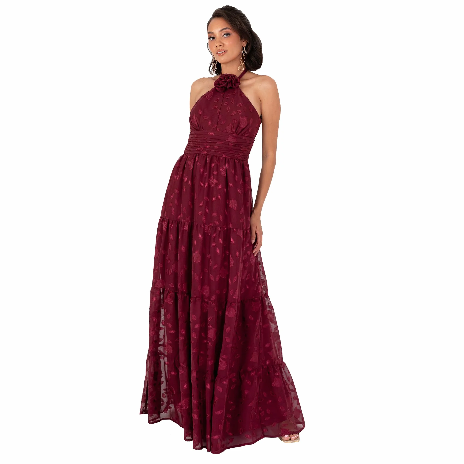 Maya Deluxe Damska sukienka damska Maxi Ladies bez rękawów, kwiatowy gorset, szyfon, żakard, linia A-line Tiered Evening Occasion Prom Dress, granatowy (Berry), 40