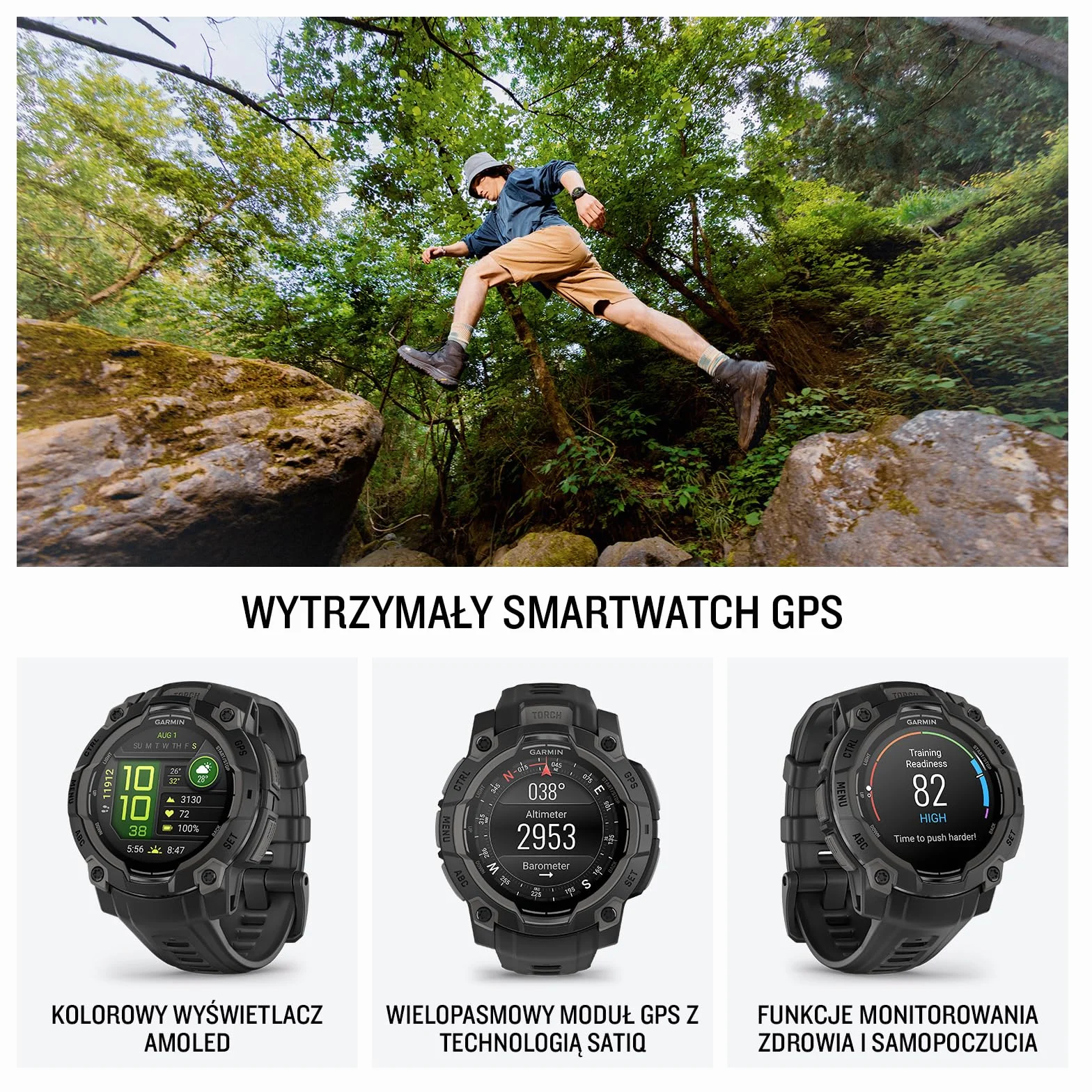 Garmin Instinct 3 [odnowiony], 45 mm AMOLED wytrzymały smartwatch GPS, wbudowane aplikacje sportowe i monitorowanie zdrowia, latarka LED, odporny na wstrząsy, 10 ATM, czas pracy baterii do 18 dni