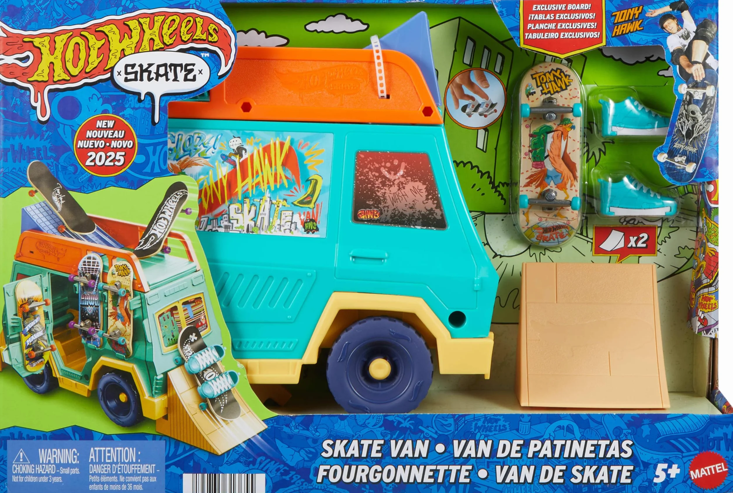Hot Wheels Skate Van Pojazd i zestaw do zabawy 2 w 1 zaprojektowany we współpracy z Tonym Hawkiem, z wyjątkową deskorolką do jazdy palcami i parą butów na palce, zabawka dla dzieci, JGG91
