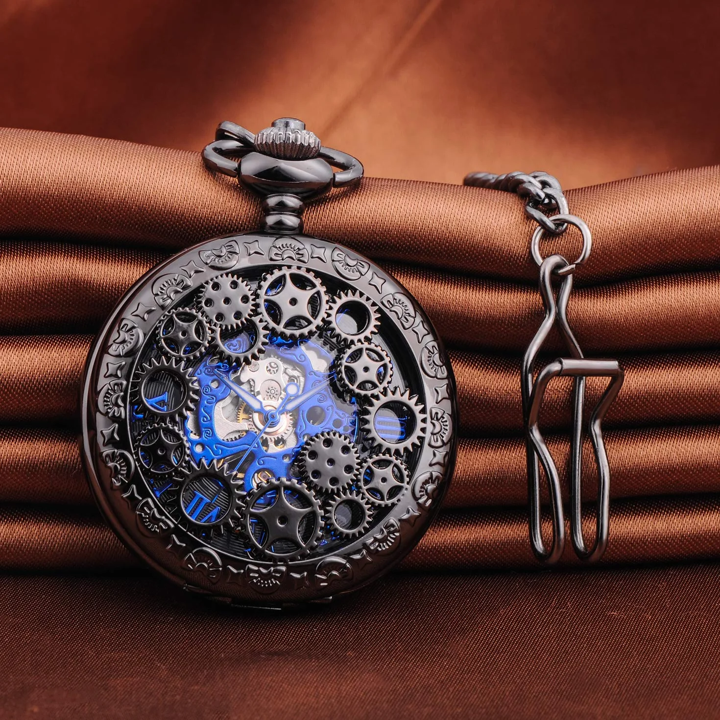 Unendlich U Męski zegarek kieszonkowy z cyframi rzymskimi, z łańcuszkiem, analogowy, ręcznie nakręcany, uniseks, retro, steampunk, mechaniczny, zegarek na łańcuszku, czarny