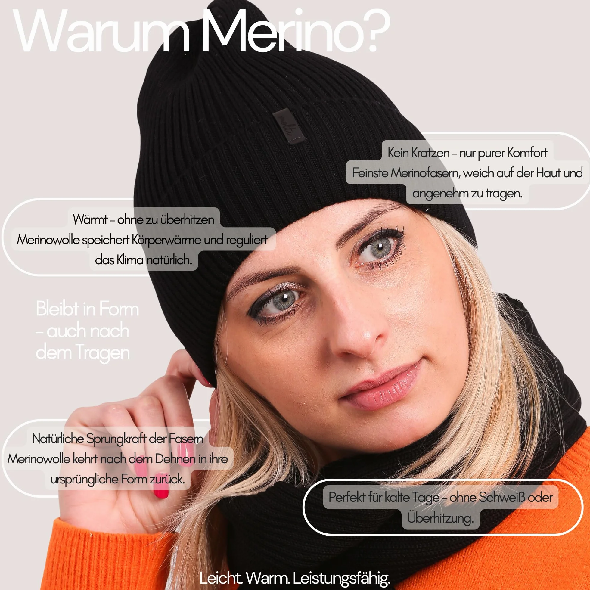molti Damska czapka i szalik – 100% wełna merynosowa Beanie z szalikiem kominowym, ciepła i oddychająca, na jesień i zimę, rozmiary: 55 – 62 cm, wybór kolorów