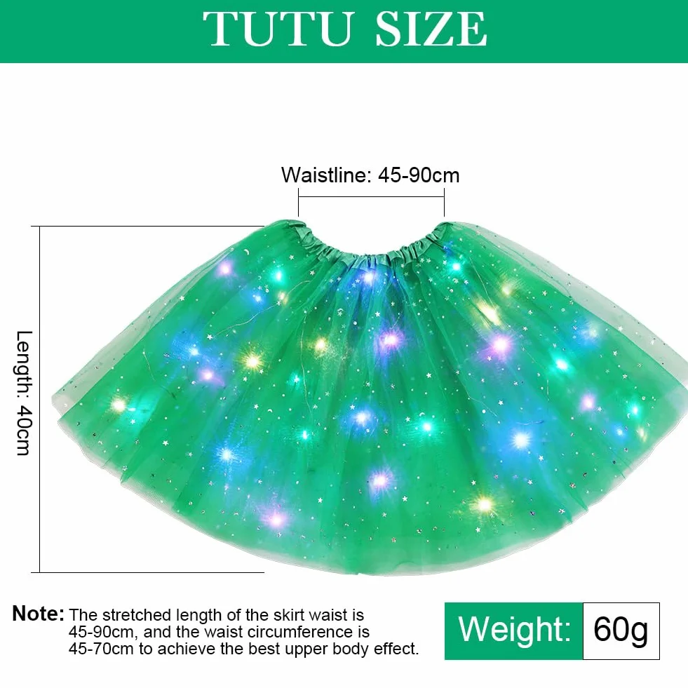 Spódnica tutu, LED, dla dorosłych, nastolatek, na bal przebierańców, karnawał, imprezę tematyczną, balet, kostium na Halloween, 40 cm, zielona, 40