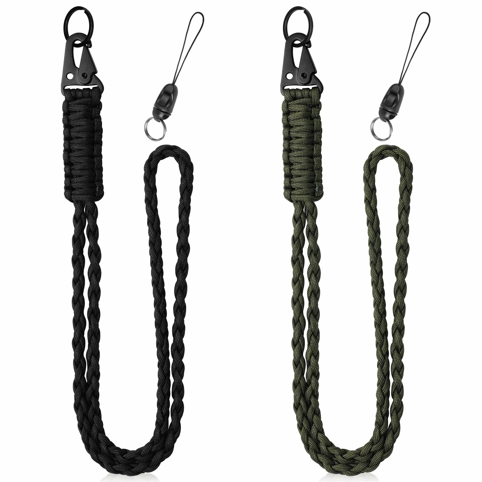 Vicloon Paracord Smycz na szyję z metalowymi pierścieniami na klucze i paskiem do telefonu do uchwytu na identyfikator, klucze, telefon, 2-pak zielony + czarny, 55cm, 15cm