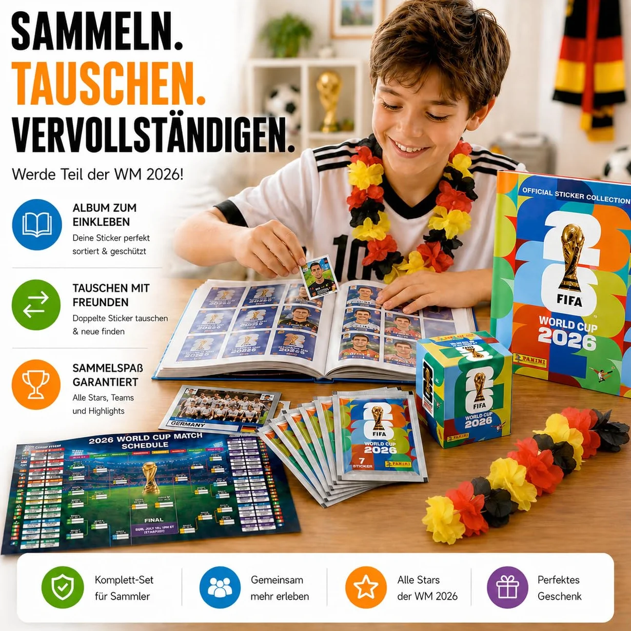 Panini WM 2026 zestaw naklejek i albumów – Mistrzostwa Świata 2026 – piłka nożna – z łańcuszkiem z kwiatów – album – plan meczów (1 torba/13 naklejek)