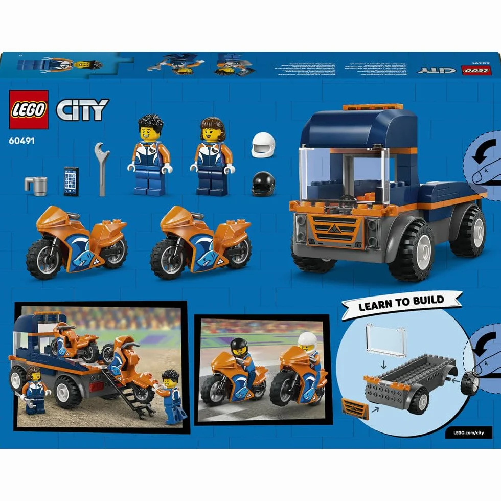 LEGO City Laweta dla motocykli, zabawka dla dzieci z dwiema minifigurkami i ciężarówką, klocki dla 4-latka, pomysł na prezent dla chłopca i dziewczynki na urodziny, łatwe budowanie 60491